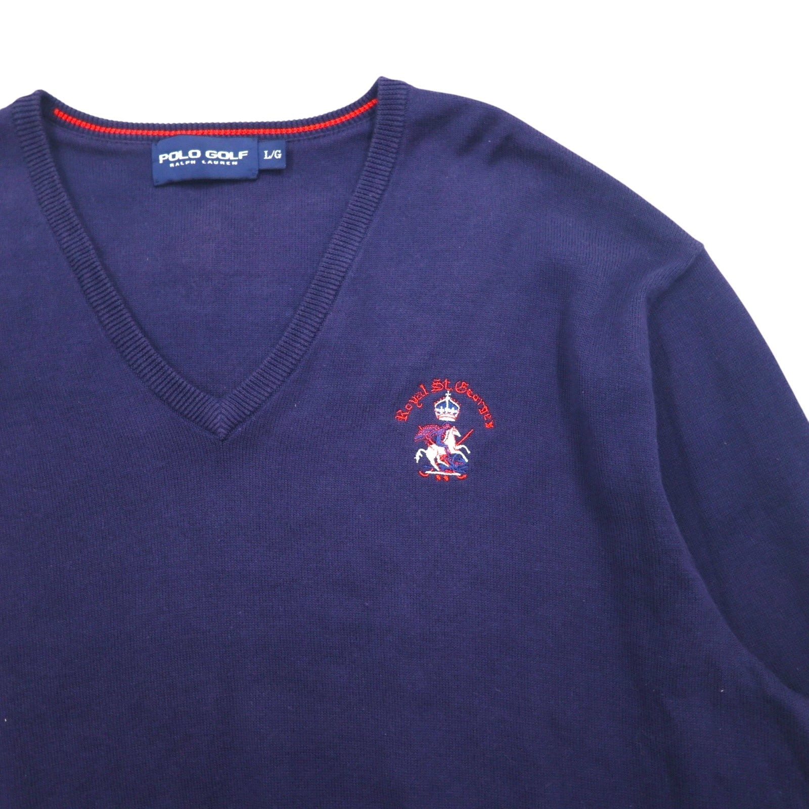 POLO GOLF RALPH LAUREN Maglione in cotone con scollo a V Taglia L Blu navy con logo ricamato Royal St George's