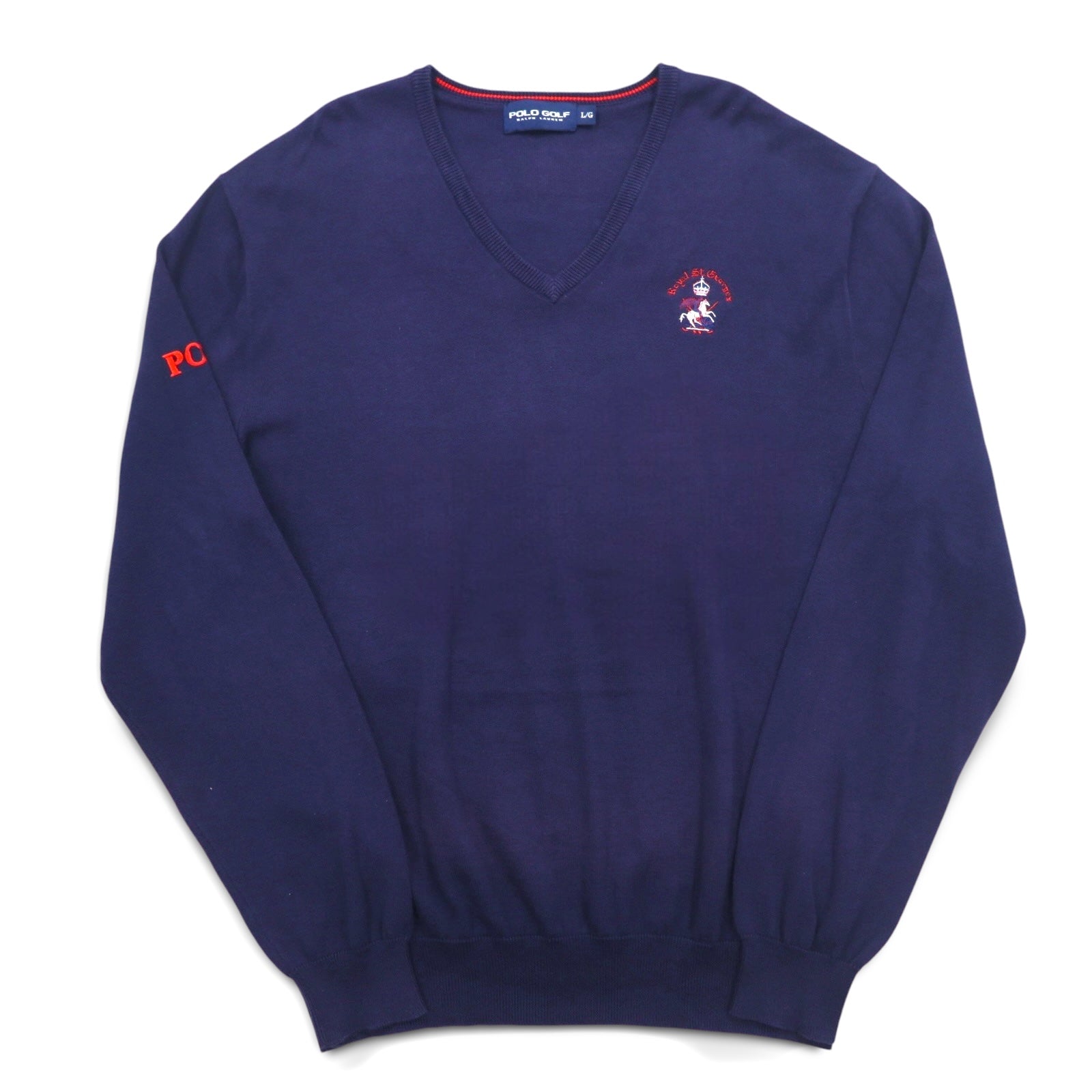 POLO GOLF RALPH LAUREN Maglione in cotone con scollo a V Taglia L Blu navy con logo ricamato Royal St George's
