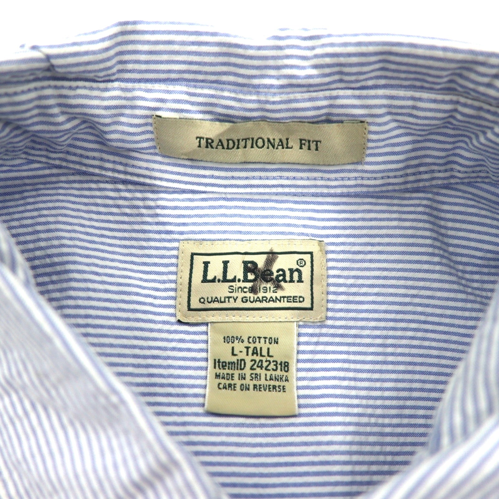 L.L.Bean シアサッカー ボタンダウンシャツ L ブルー ストライプ コットン TRADITIONAL FIT 242318