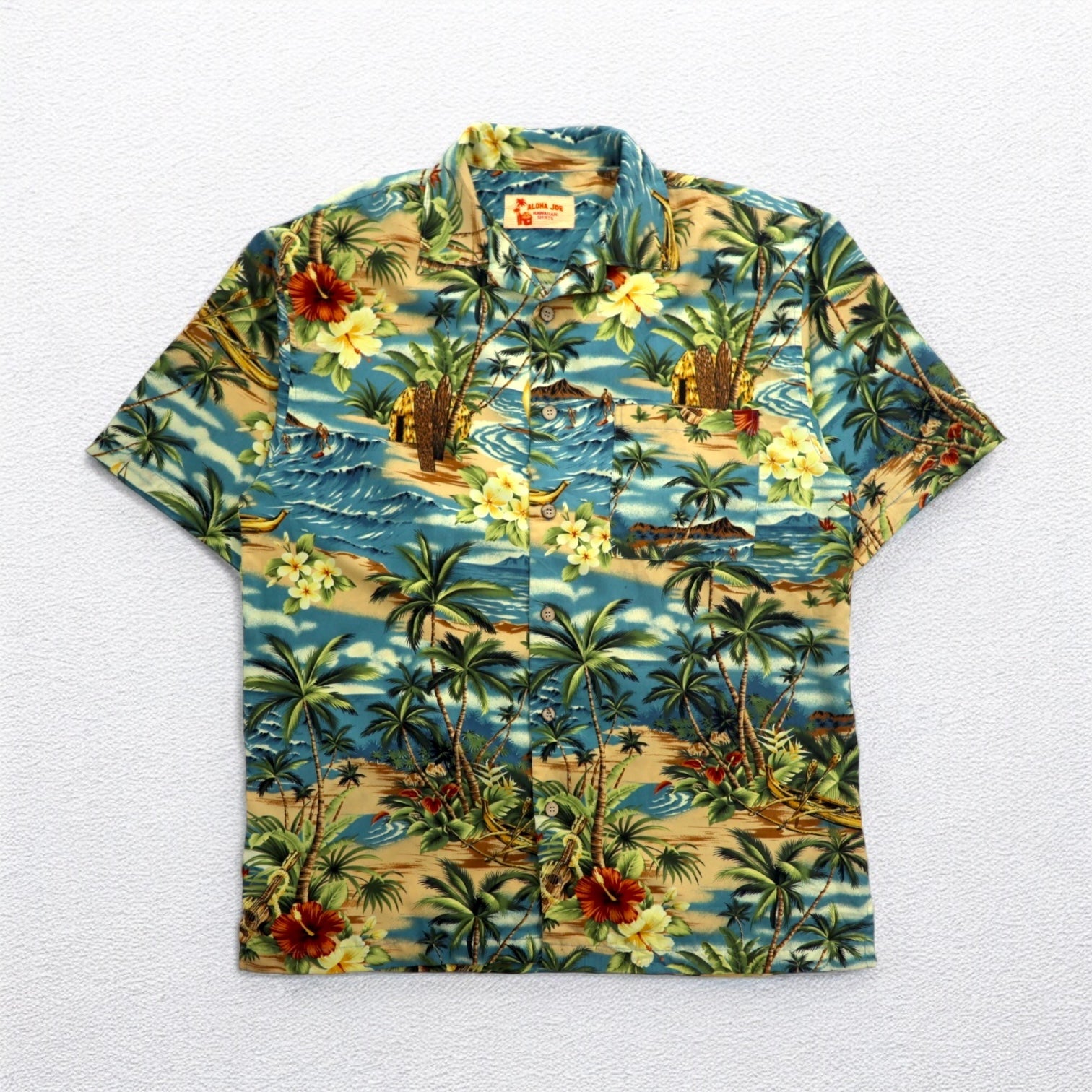 ALOHA JOE - Camicia Aloha, scollo a V, stile open-collar, taglia L, blu, fantasia hawaiana, palme, ibisco, surf