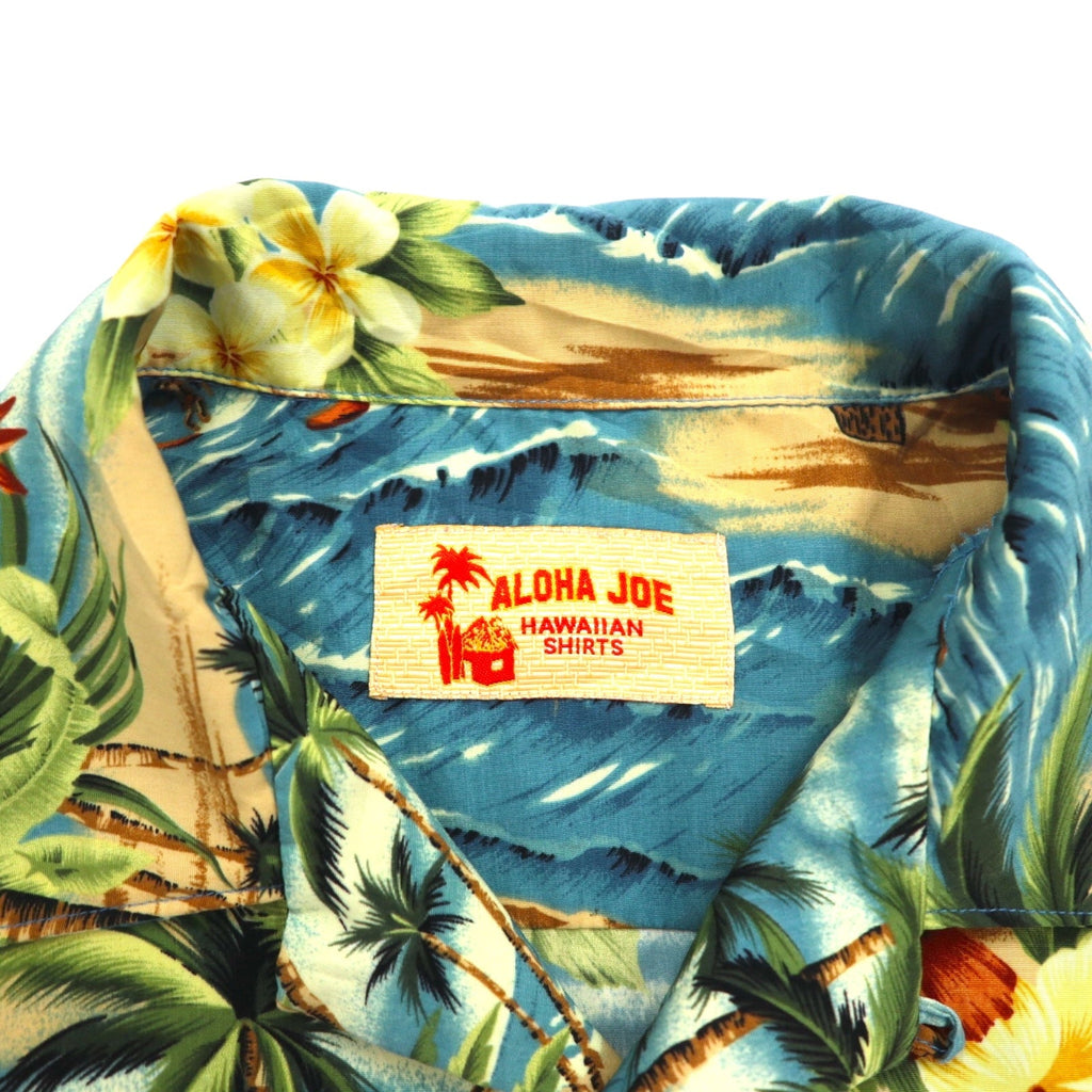 ALOHA JOE アロハシャツ 開襟 オープンカラー L ブルー 総柄 ヤシの木 ハイビスカス サーフィン