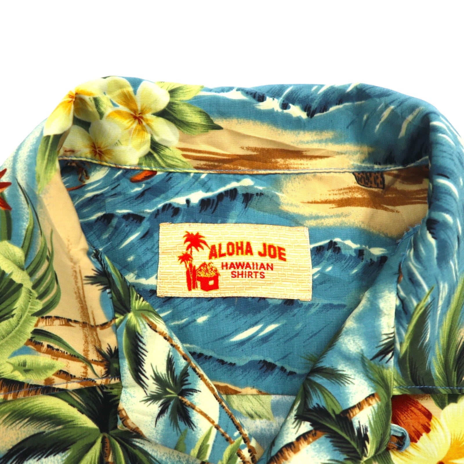 ALOHA JOE - Camicia Aloha, scollo a V, stile open-collar, taglia L, blu, fantasia hawaiana, palme, ibisco, surf
