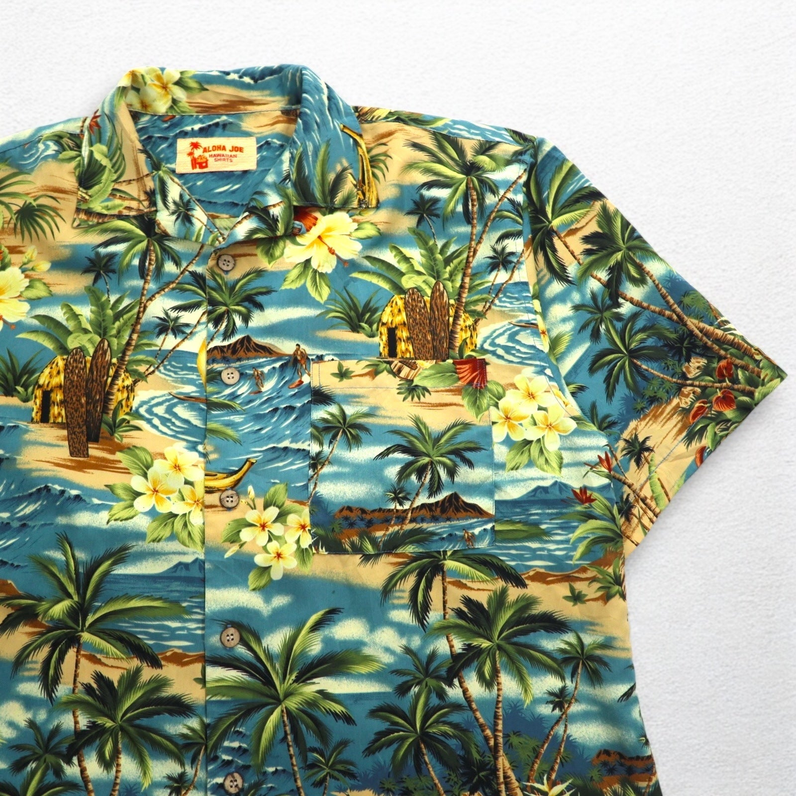ALOHA JOE - Camicia Aloha, scollo a V, stile open-collar, taglia L, blu, fantasia hawaiana, palme, ibisco, surf