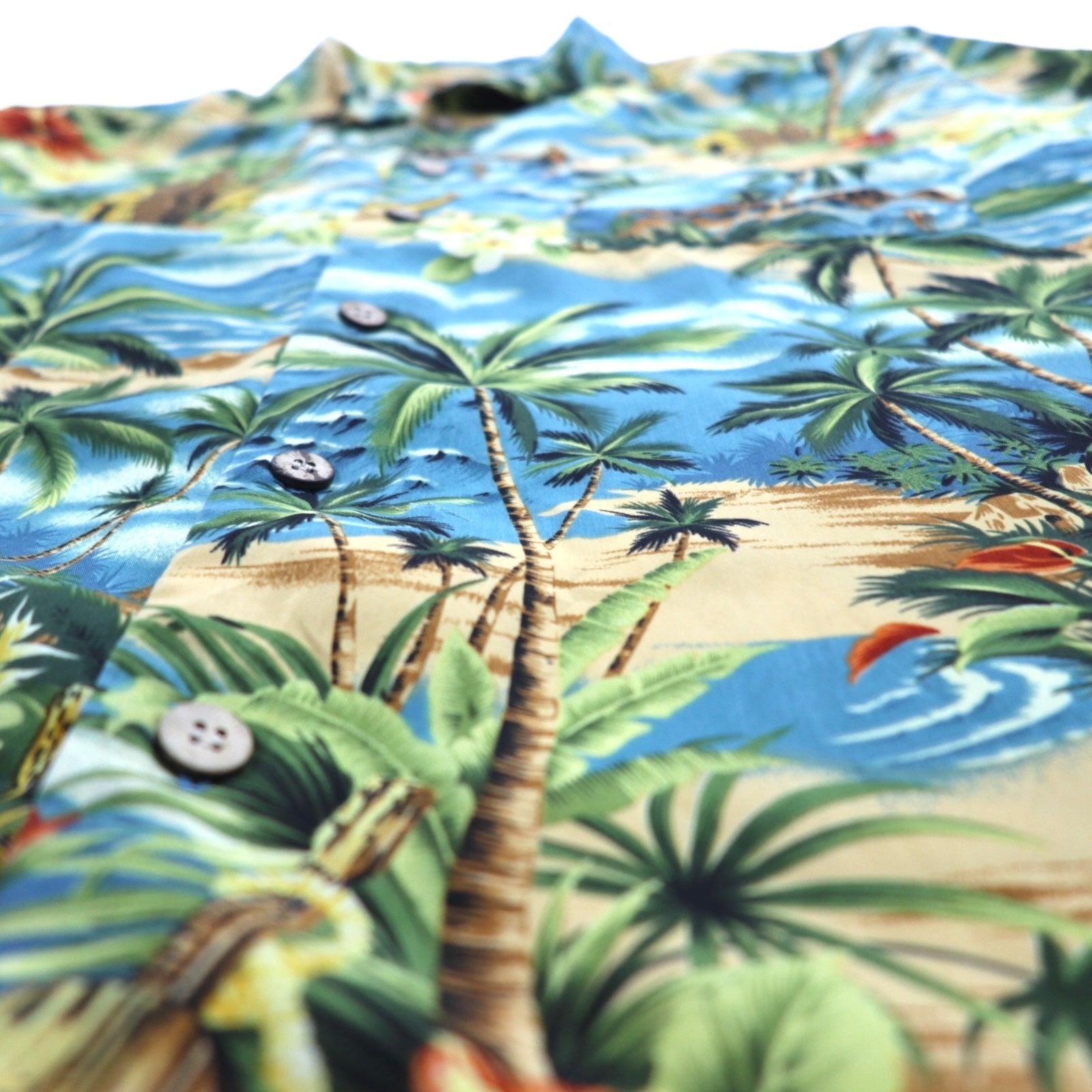 ALOHA JOE - Camicia Aloha, scollo a V, stile open-collar, taglia L, blu, fantasia hawaiana, palme, ibisco, surf