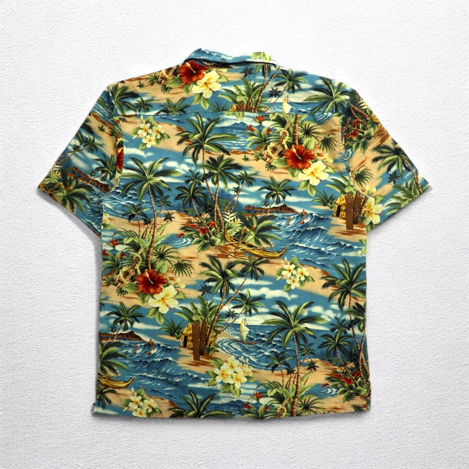 ALOHA JOE - Camicia Aloha, scollo a V, stile open-collar, taglia L, blu, fantasia hawaiana, palme, ibisco, surf
