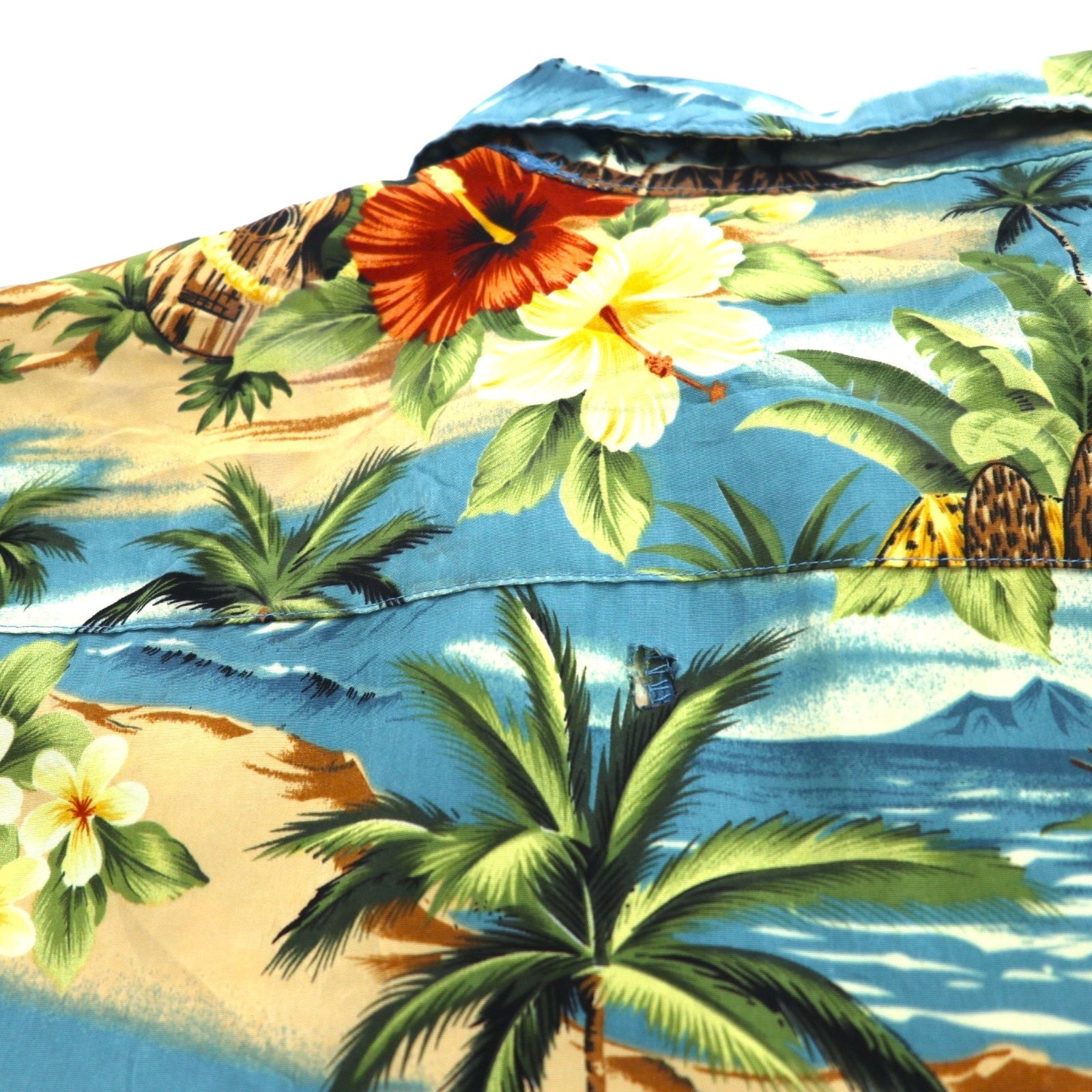 ALOHA JOE - Camicia Aloha, scollo a V, stile open-collar, taglia L, blu, fantasia hawaiana, palme, ibisco, surf