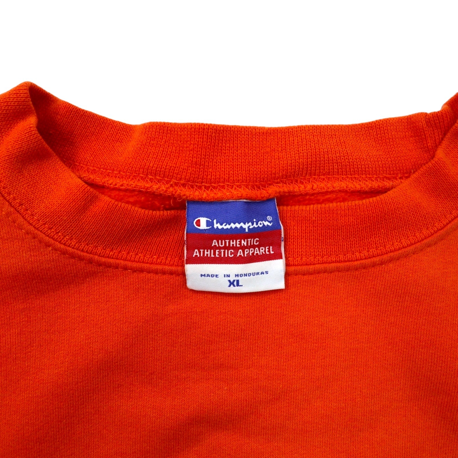 Champion Felpa stampa college XL arancione cotone con etichetta Bar Tag FLORIDA logo ad arco prodotta in Honduras