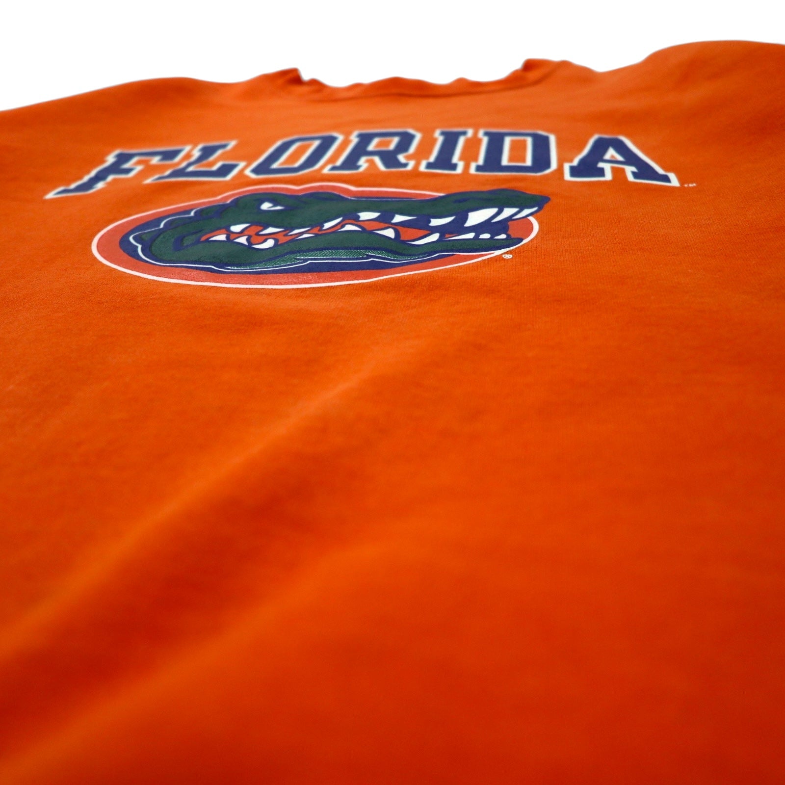 Champion Felpa stampa college XL arancione cotone con etichetta Bar Tag FLORIDA logo ad arco prodotta in Honduras