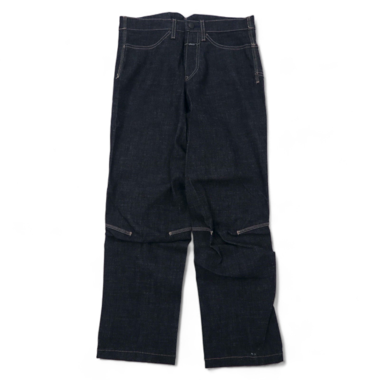MARITHE FRANCOIS GIRBAUD Jeans in denim con taglio 3D, taglia S, blu scuro, cotone elasticizzato, chiusura con cerniera, prodotto in Giappone