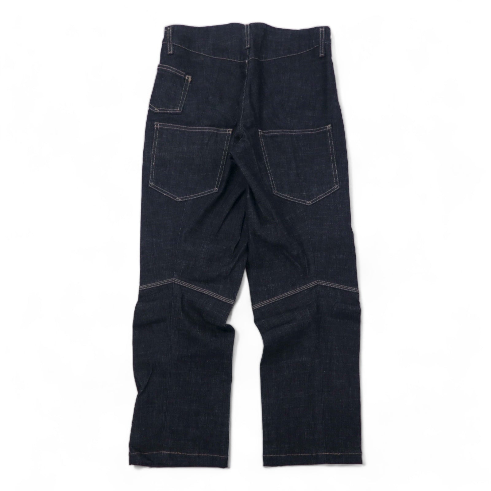 MARITHE FRANCOIS GIRBAUD Jeans in denim con taglio 3D, taglia S, blu scuro, cotone elasticizzato, chiusura con cerniera, prodotto in Giappone