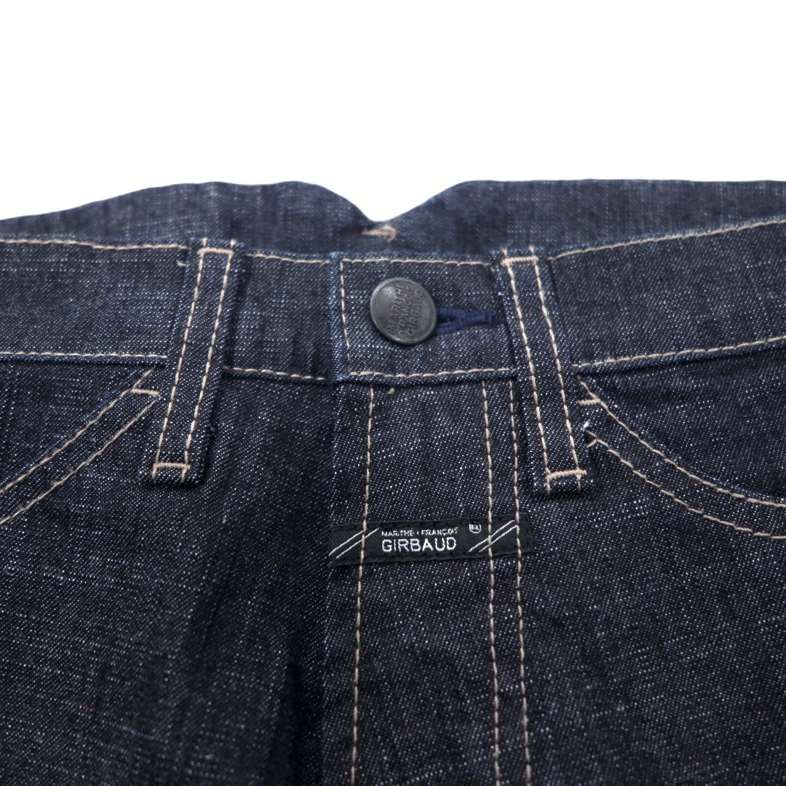 MARITHE FRANCOIS GIRBAUD Jeans in denim con taglio 3D, taglia S, blu scuro, cotone elasticizzato, chiusura con cerniera, prodotto in Giappone