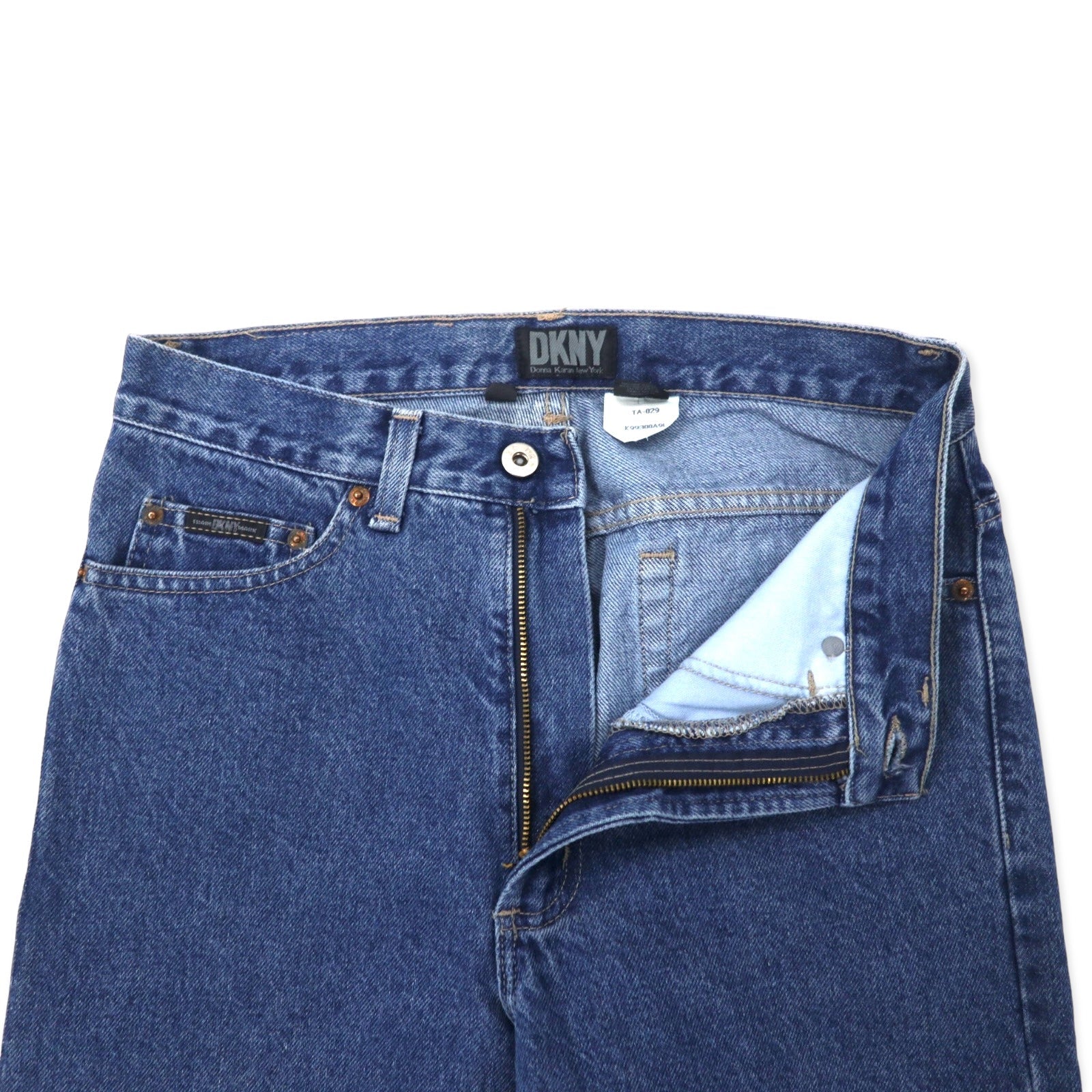 DKNY (Donna Karan New York) USA Made Anni '90 Jeans Taglia 30 Blu Cotone Chiusura a cerniera Patch in pelle Articolo nuovo