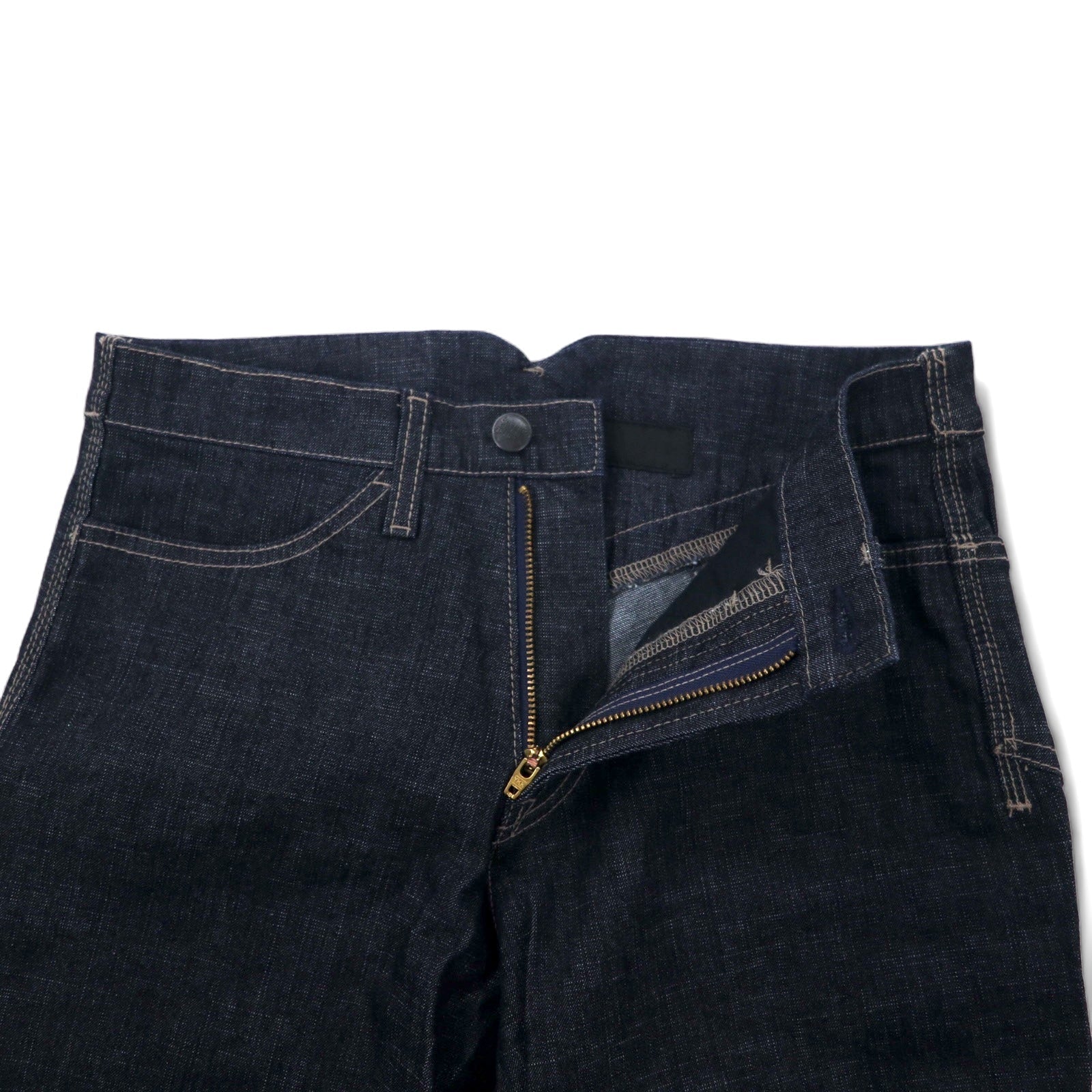 MARITHE FRANCOIS GIRBAUD Jeans in denim con taglio 3D, taglia S, blu scuro, cotone elasticizzato, chiusura con cerniera, prodotto in Giappone