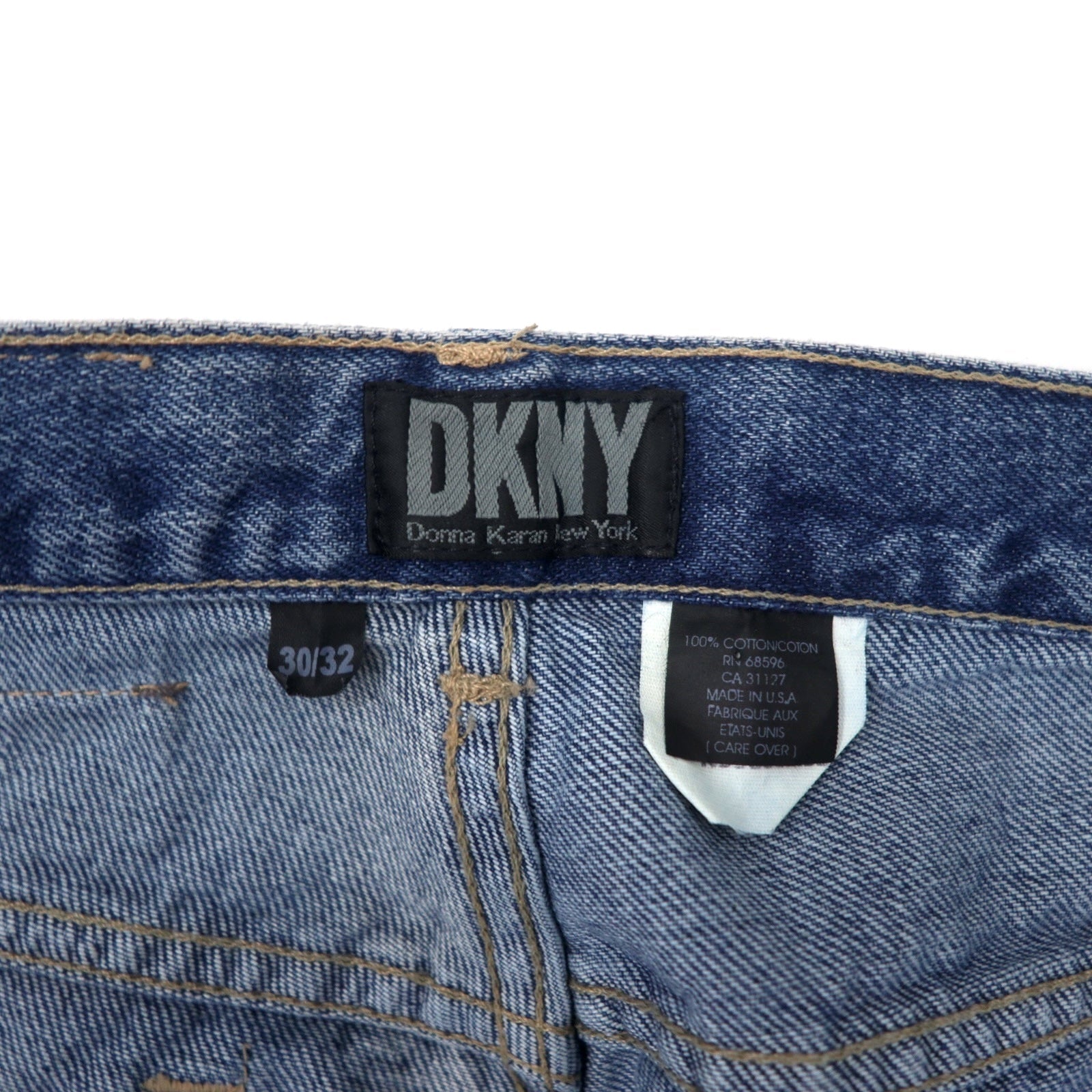 DKNY (Donna Karan New York) USA Made Anni '90 Jeans Taglia 30 Blu Cotone Chiusura a cerniera Patch in pelle Articolo nuovo