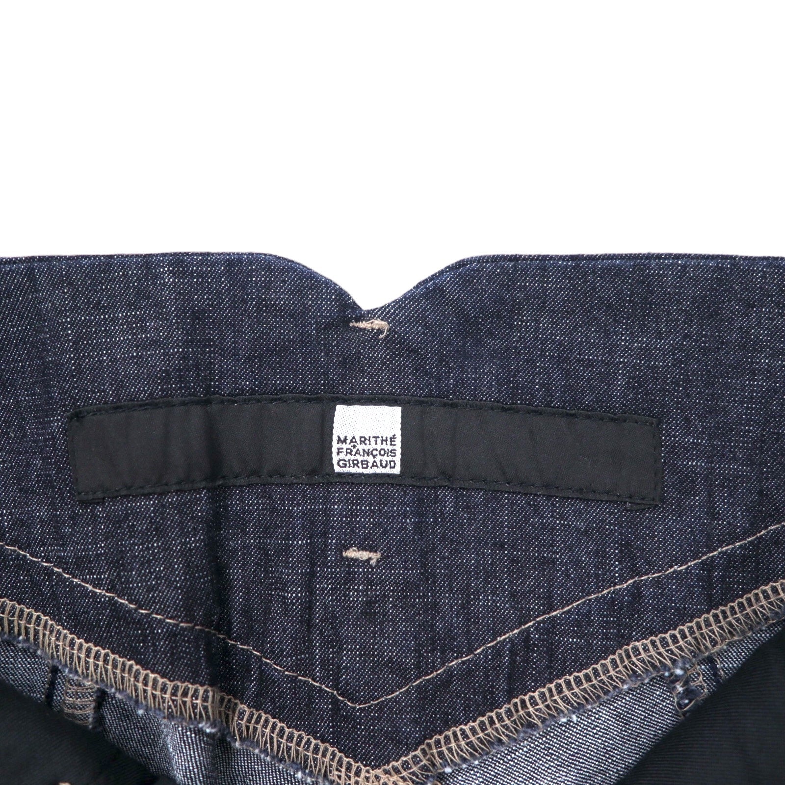 MARITHE FRANCOIS GIRBAUD Jeans in denim con taglio 3D, taglia S, blu scuro, cotone elasticizzato, chiusura con cerniera, prodotto in Giappone