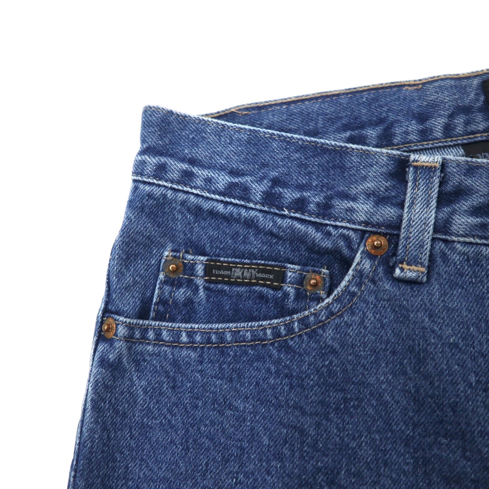 DKNY (Donna Karan New York) USA Made Anni '90 Jeans Taglia 30 Blu Cotone Chiusura a cerniera Patch in pelle Articolo nuovo
