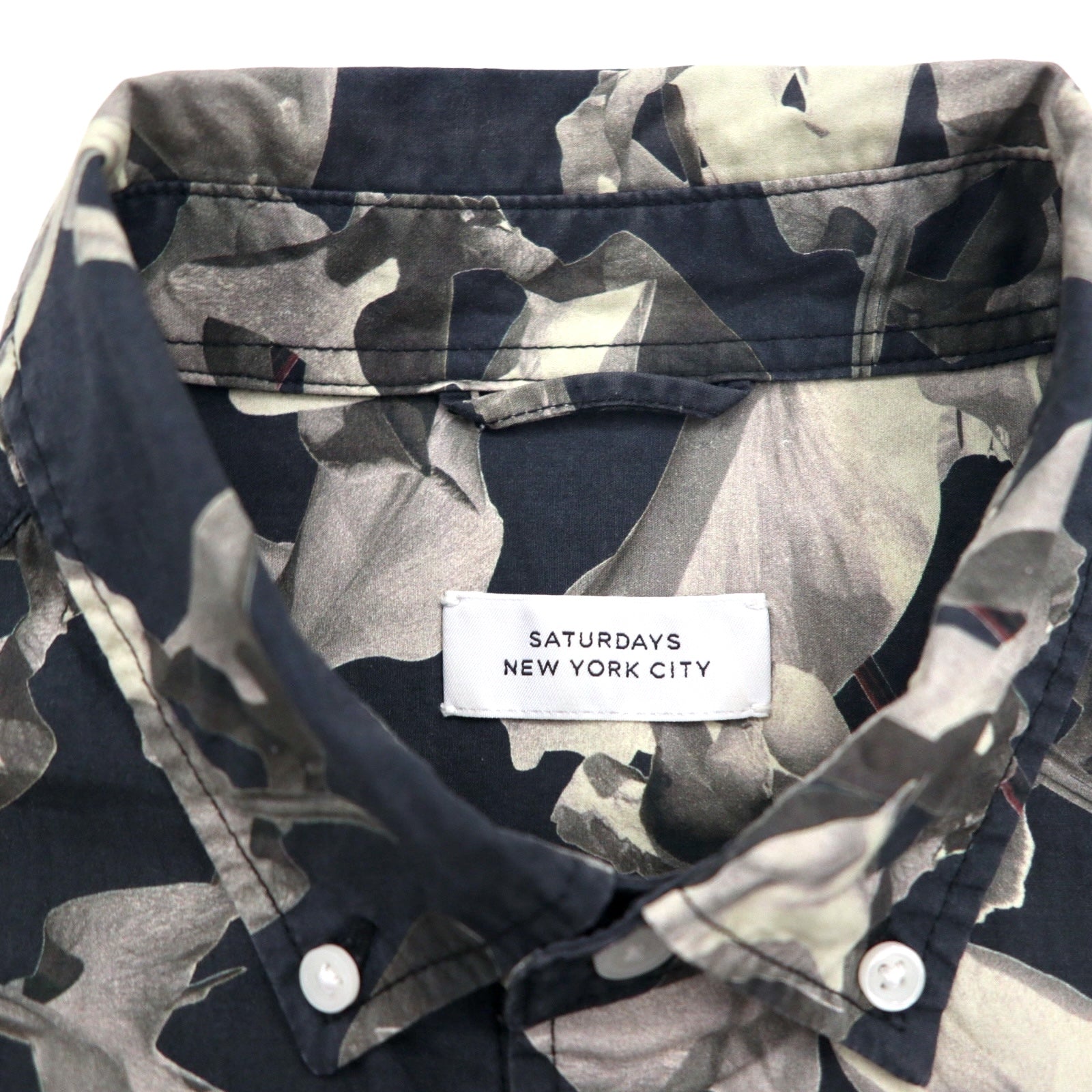 SATURDAYS NYC Camicia a maniche corte button-down M nera monocromatica in cotone con stampa all-over