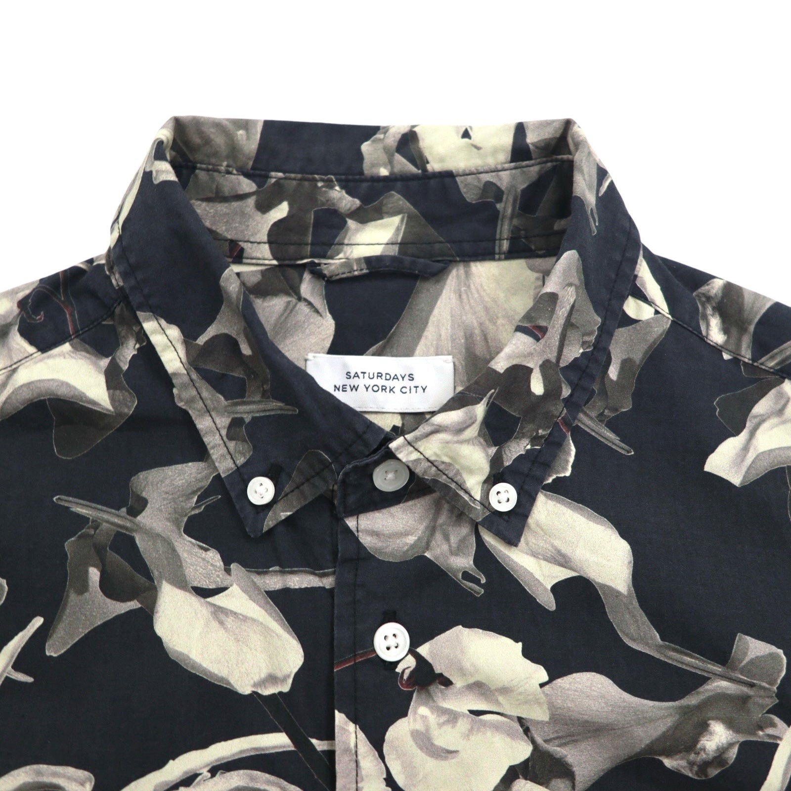 SATURDAYS NYC Camicia a maniche corte button-down M nera monocromatica in cotone con stampa all-over