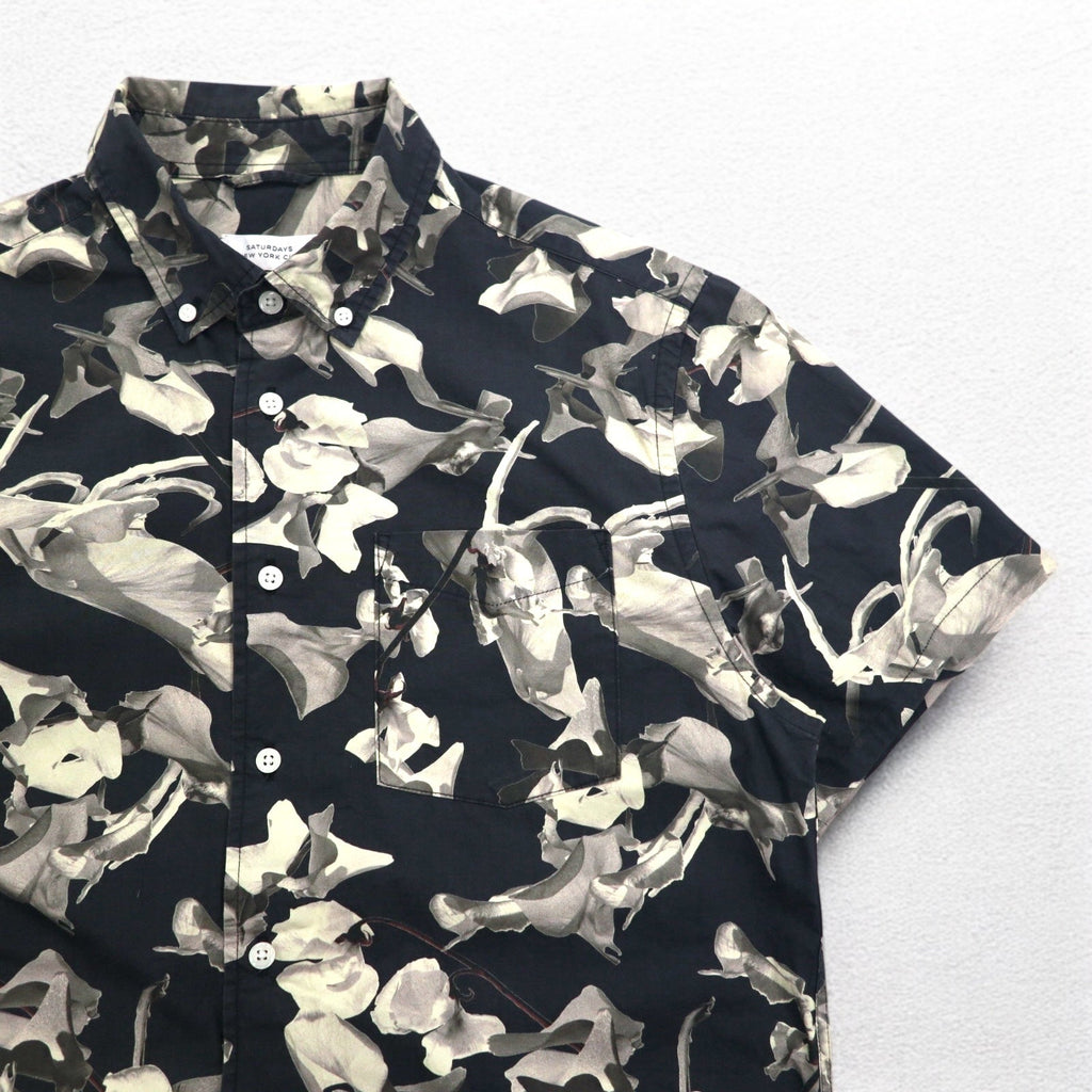 SATURDAYS NYC Camicia a maniche corte button-down M nera monocromatica in cotone con stampa all-over