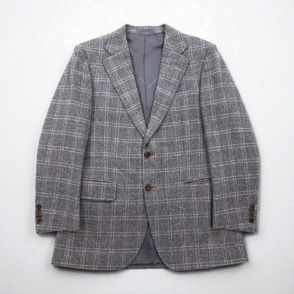 BURBERRY Giacca in tweed 2 bottoni misto cashmere, taglia M, grigia a quadri, lana, Made in Japan