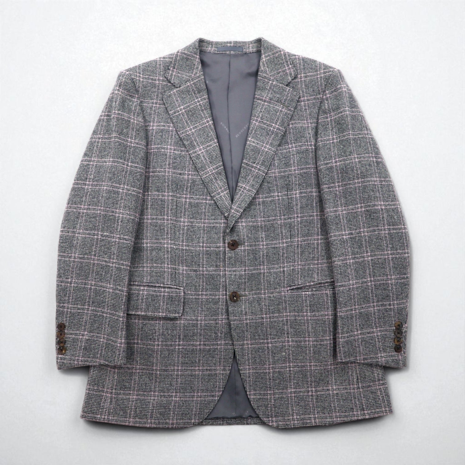 BURBERRY Giacca in tweed 2 bottoni misto cashmere, taglia M, grigia a quadri, lana, Made in Japan