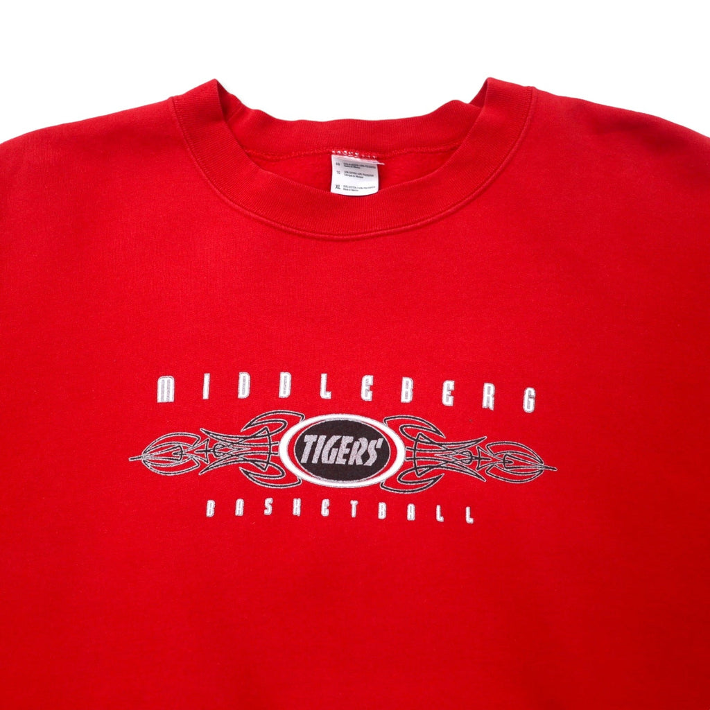 GILDAN Felpa stampa college XL rossa cotone interno felpato MIDDLEBERG TIGERS BASKETBALL oversize Made in Mexico