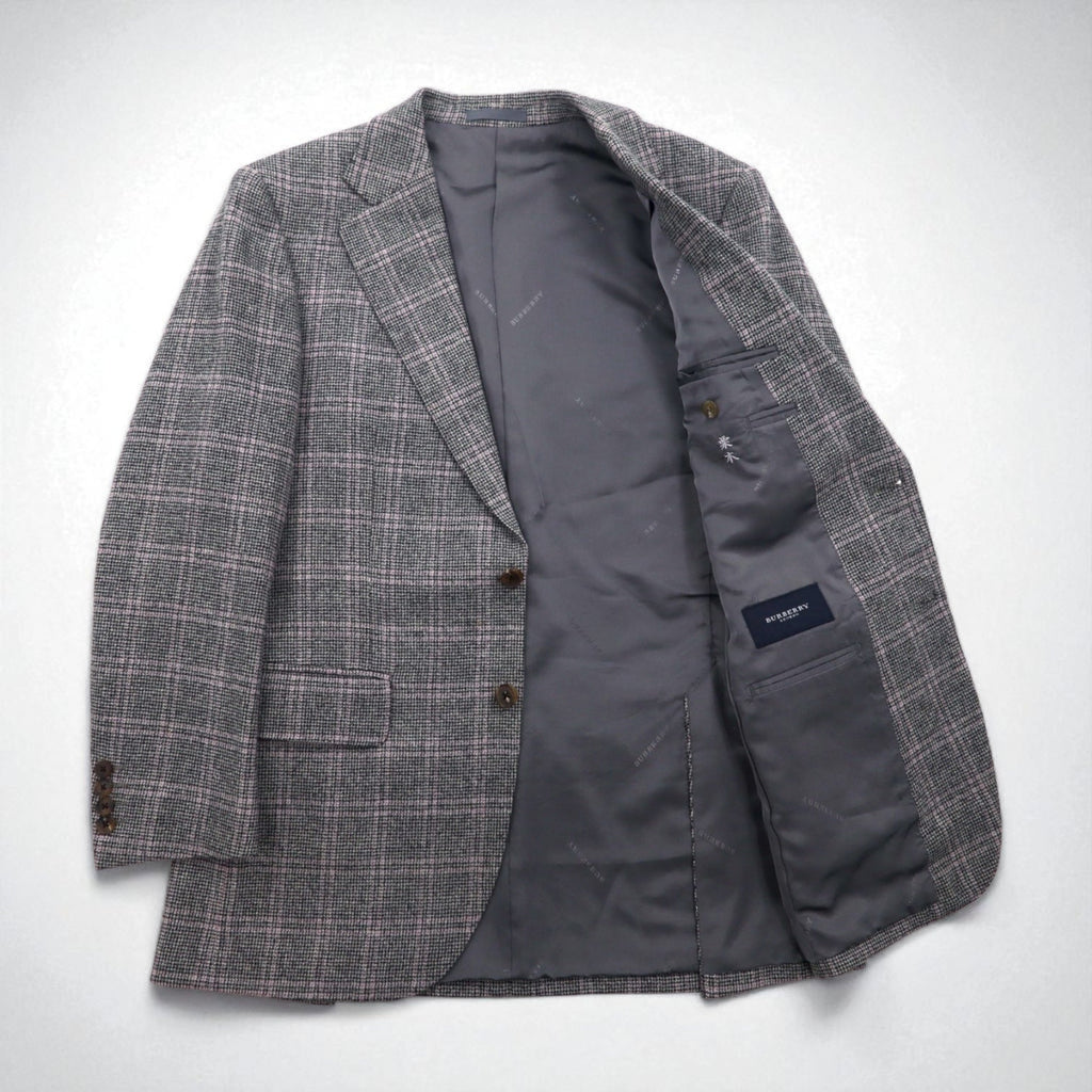 BURBERRY Giacca in tweed 2 bottoni misto cashmere, taglia M, grigia a quadri, lana, Made in Japan