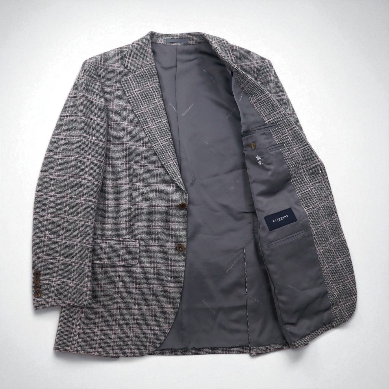 BURBERRY Giacca in tweed 2 bottoni misto cashmere, taglia M, grigia a quadri, lana, Made in Japan