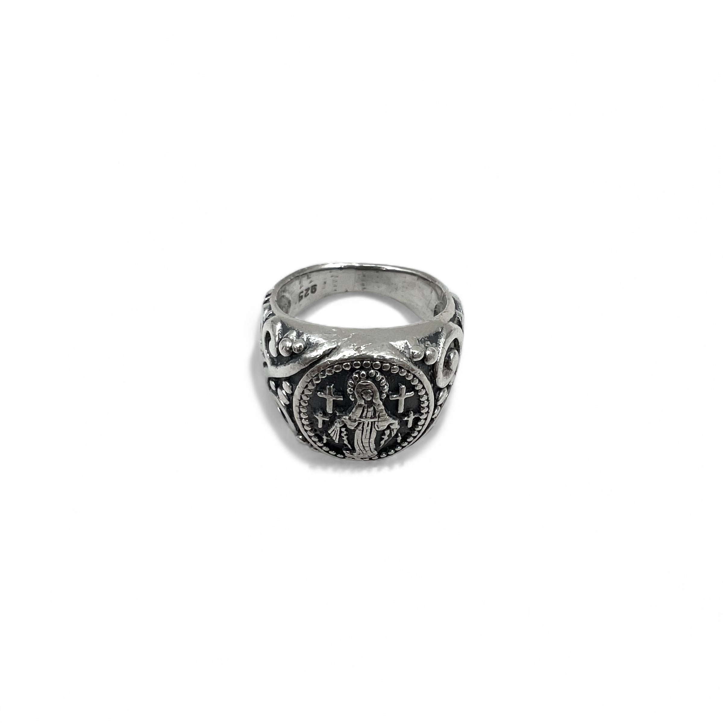 Anello Vintage Vergine Maria in Argento, Misura 17, Argento 925, Croce, Arabesco