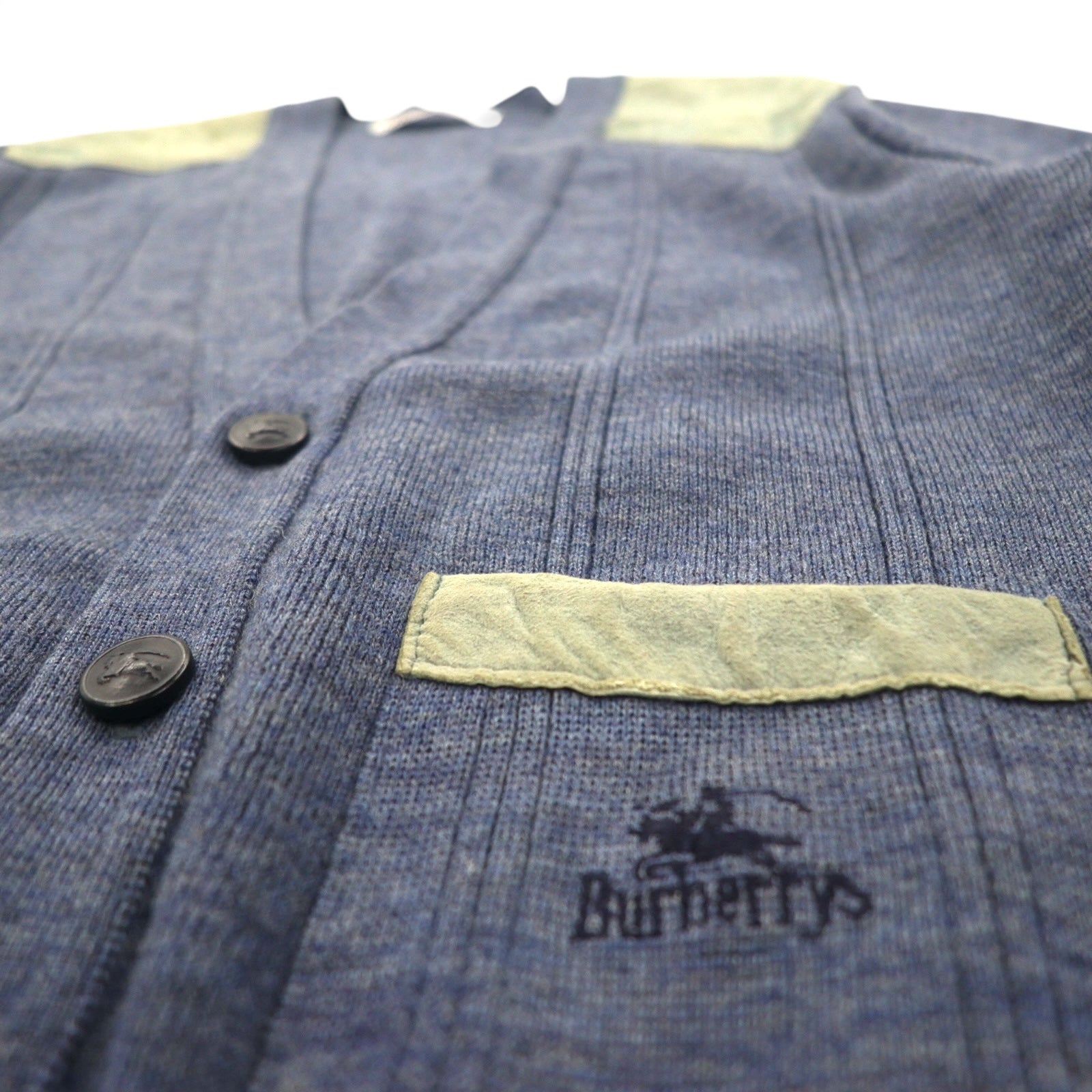 BURBERRYS 80年代 イギリス製 エルボーパッチ ニット カーディガン L ネイビー ウール レザー切替