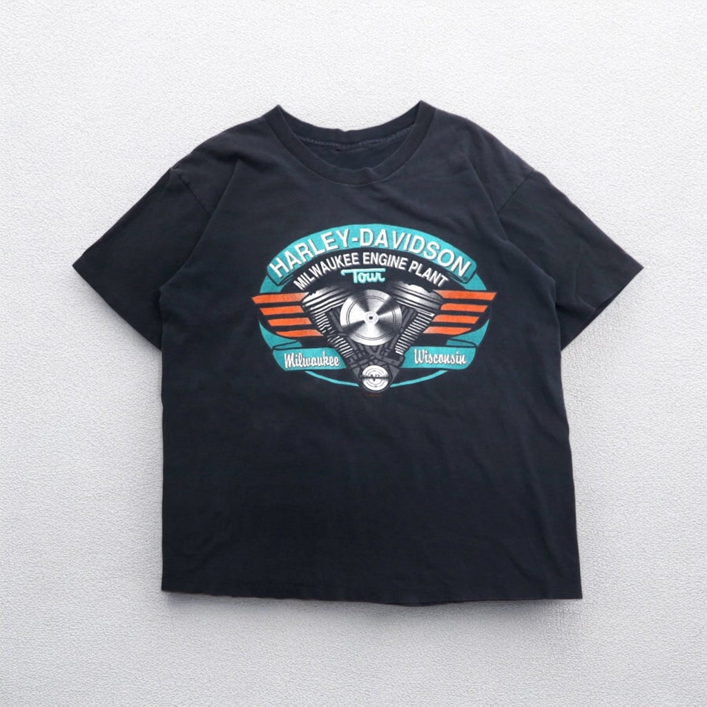 HARLEY DAVIDSON T-shirt vintage anni '90 stampa su entrambi i lati XL nera cucitura singola del 1995 MILWAUKEE ENGINE PLANT TOUR