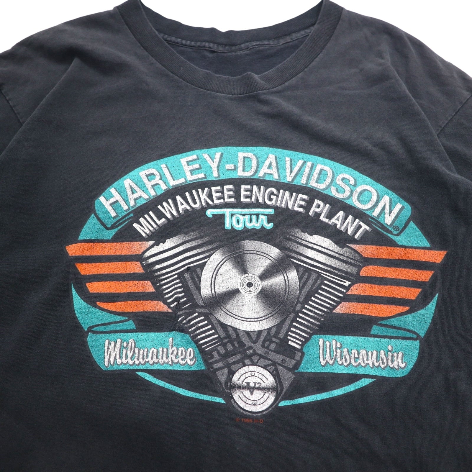 HARLEY DAVIDSON T-shirt vintage anni '90 stampa su entrambi i lati XL nera cucitura singola del 1995 MILWAUKEE ENGINE PLANT TOUR