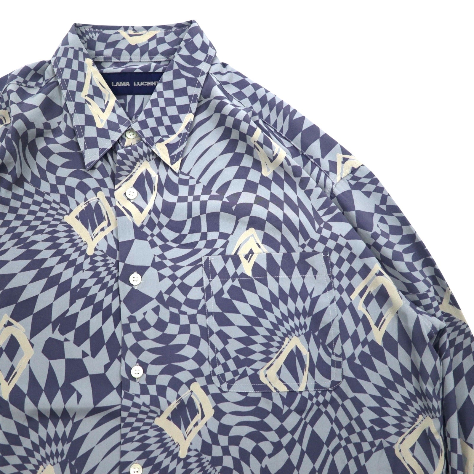 Vintage Anni '90 Camicia Retrò Made in Japan LAMA LUCENTE Anni '90 Maglia fantasia intera taglia unica blu Motivo geometrico Poliestere Made in Japan