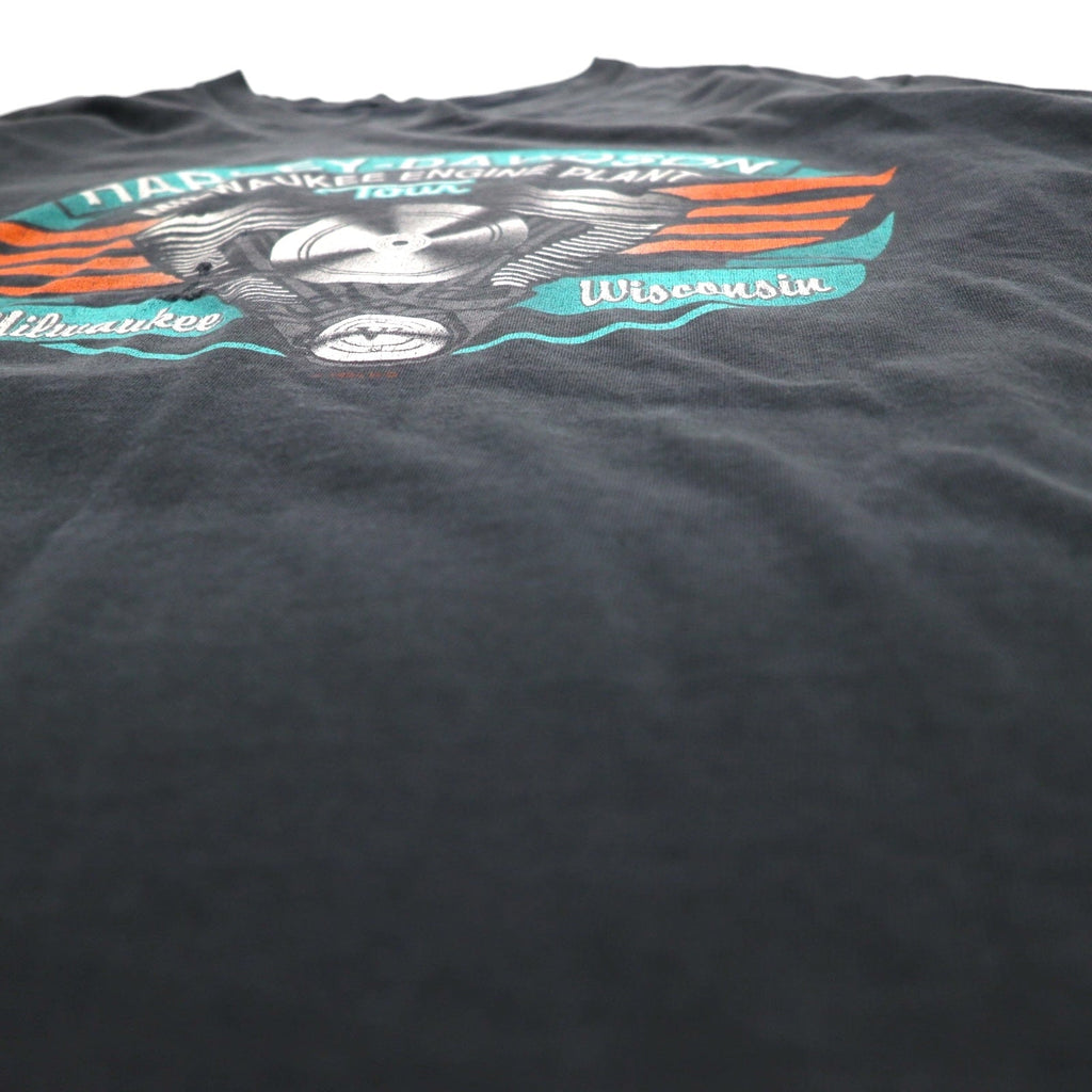 HARLEY DAVIDSON T-shirt vintage anni '90 stampa su entrambi i lati XL nera cucitura singola del 1995 MILWAUKEE ENGINE PLANT TOUR