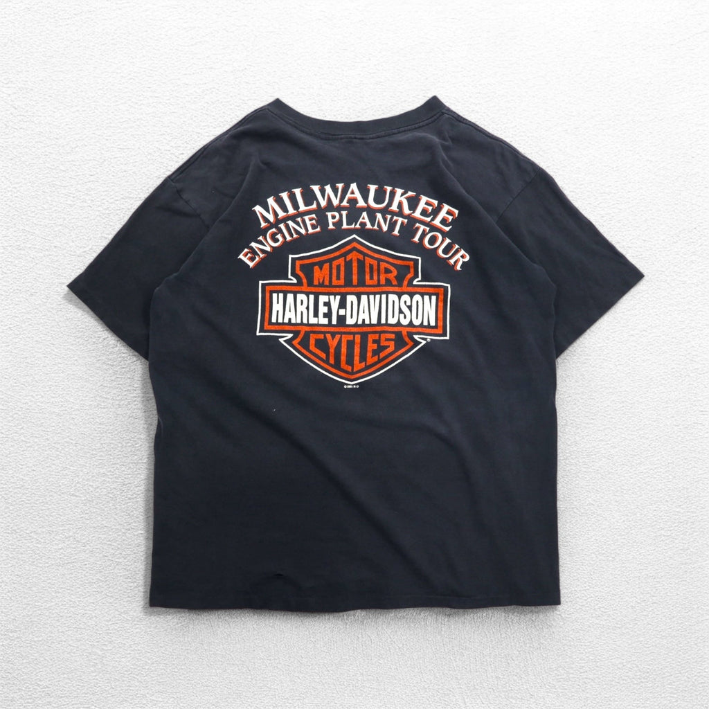 HARLEY DAVIDSON T-shirt vintage anni '90 stampa su entrambi i lati XL nera cucitura singola del 1995 MILWAUKEE ENGINE PLANT TOUR
