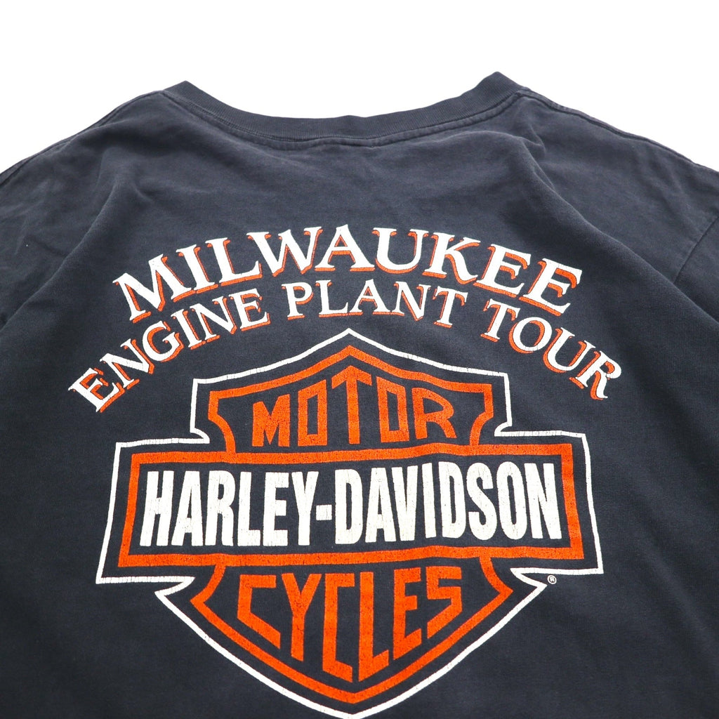 HARLEY DAVIDSON T-shirt vintage anni '90 stampa su entrambi i lati XL nera cucitura singola del 1995 MILWAUKEE ENGINE PLANT TOUR