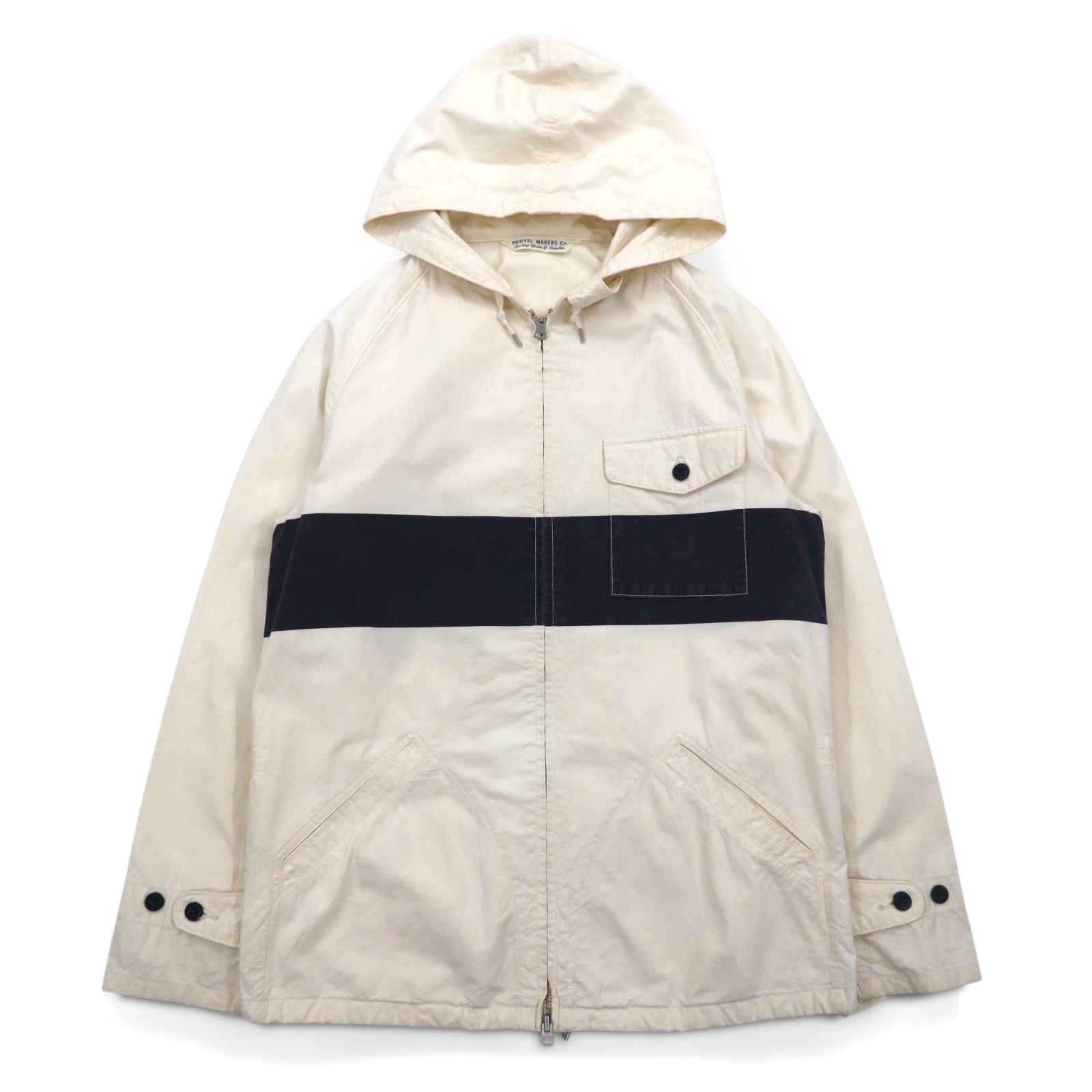 PHIGVEL Felpa con cappuccio "Deck" S bianca, coulisse, WALDES doppia zip, effetto vintage, PMX-OT01 Made in Japan