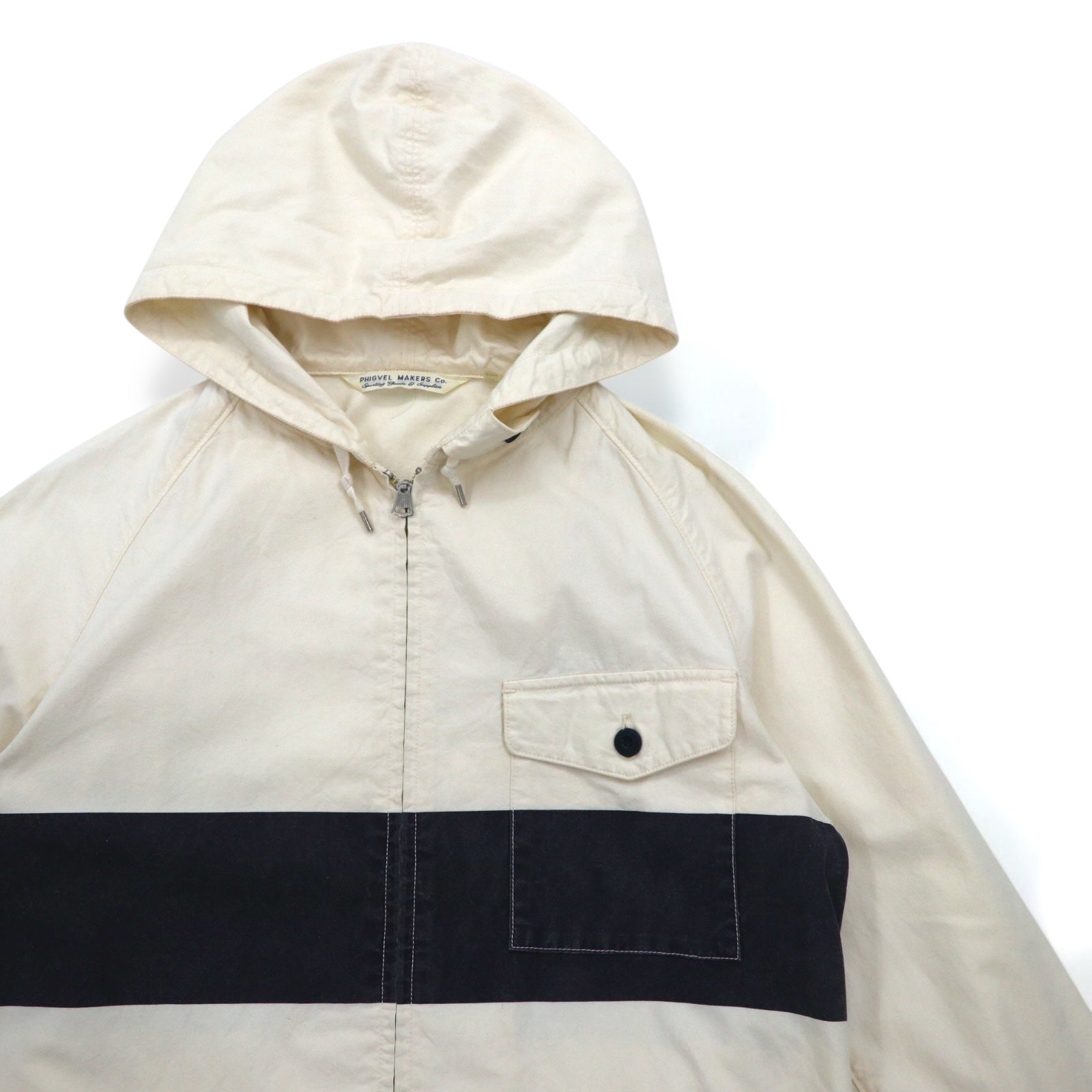 PHIGVEL Felpa con cappuccio "Deck" S bianca, coulisse, WALDES doppia zip, effetto vintage, PMX-OT01 Made in Japan