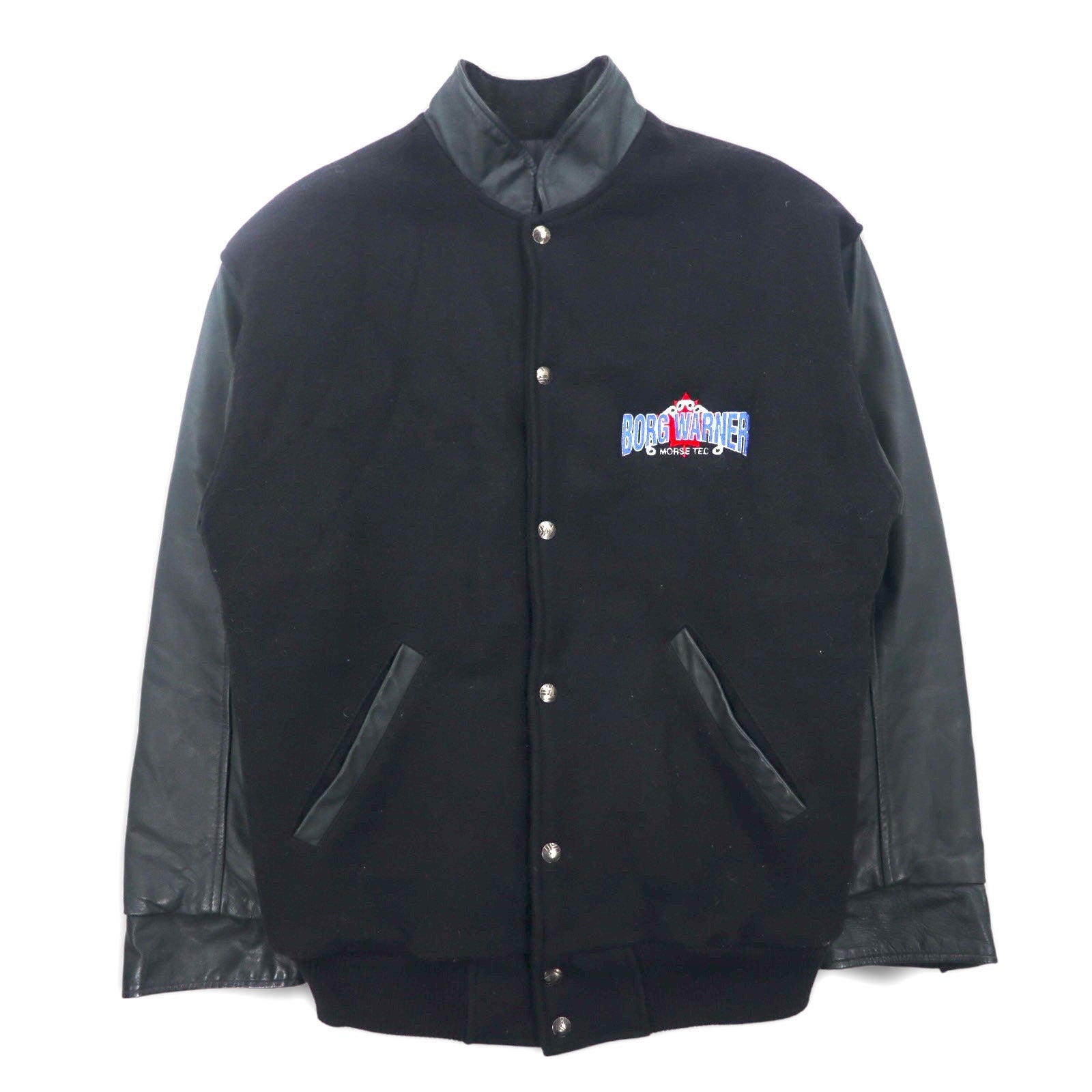 Vintage 90s Varsity Jacket Made in Canada Trimark Giacca College Pelle Nero M Lana Vera Pelle Fodera Trapuntata BORG WARNER