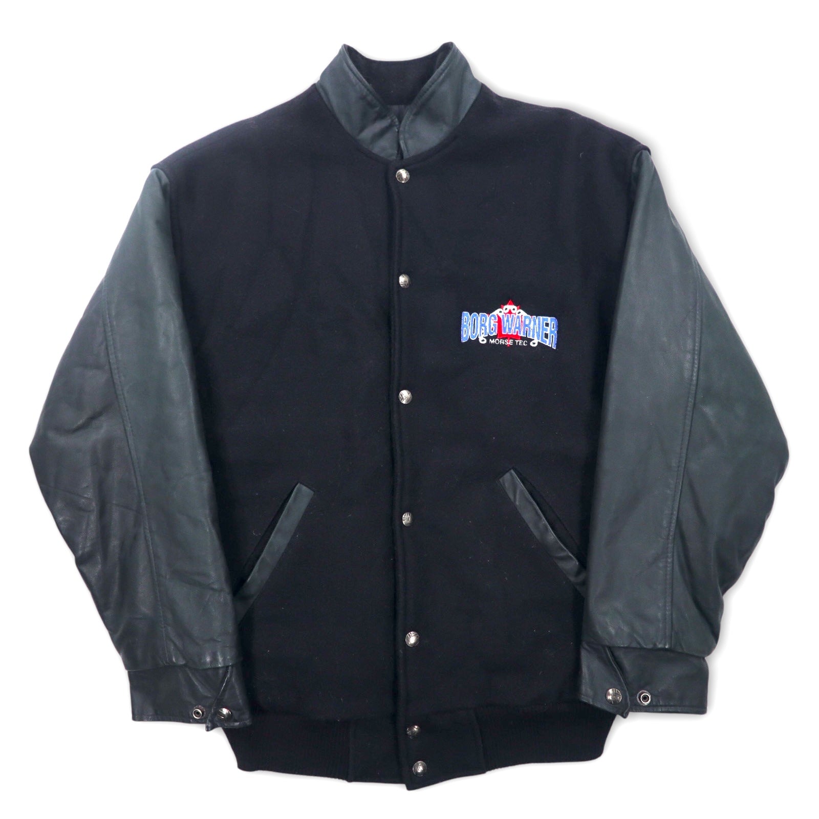 Vintage 90s Varsity Jacket Made in Canada Trimark Giacca College Pelle Nero M Lana Vera Pelle Fodera Trapuntata BORG WARNER