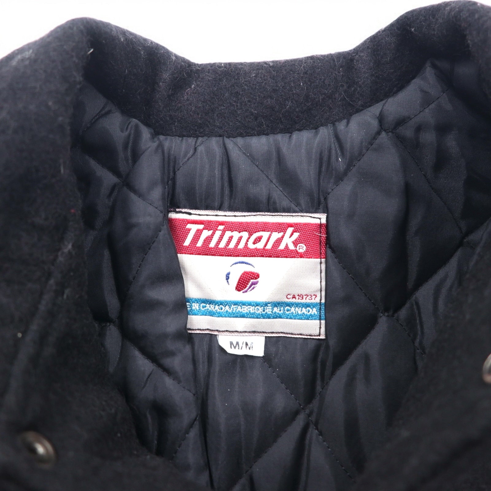 Vintage 90s Varsity Jacket Made in Canada Trimark Giacca College Pelle Nero M Lana Vera Pelle Fodera Trapuntata BORG WARNER