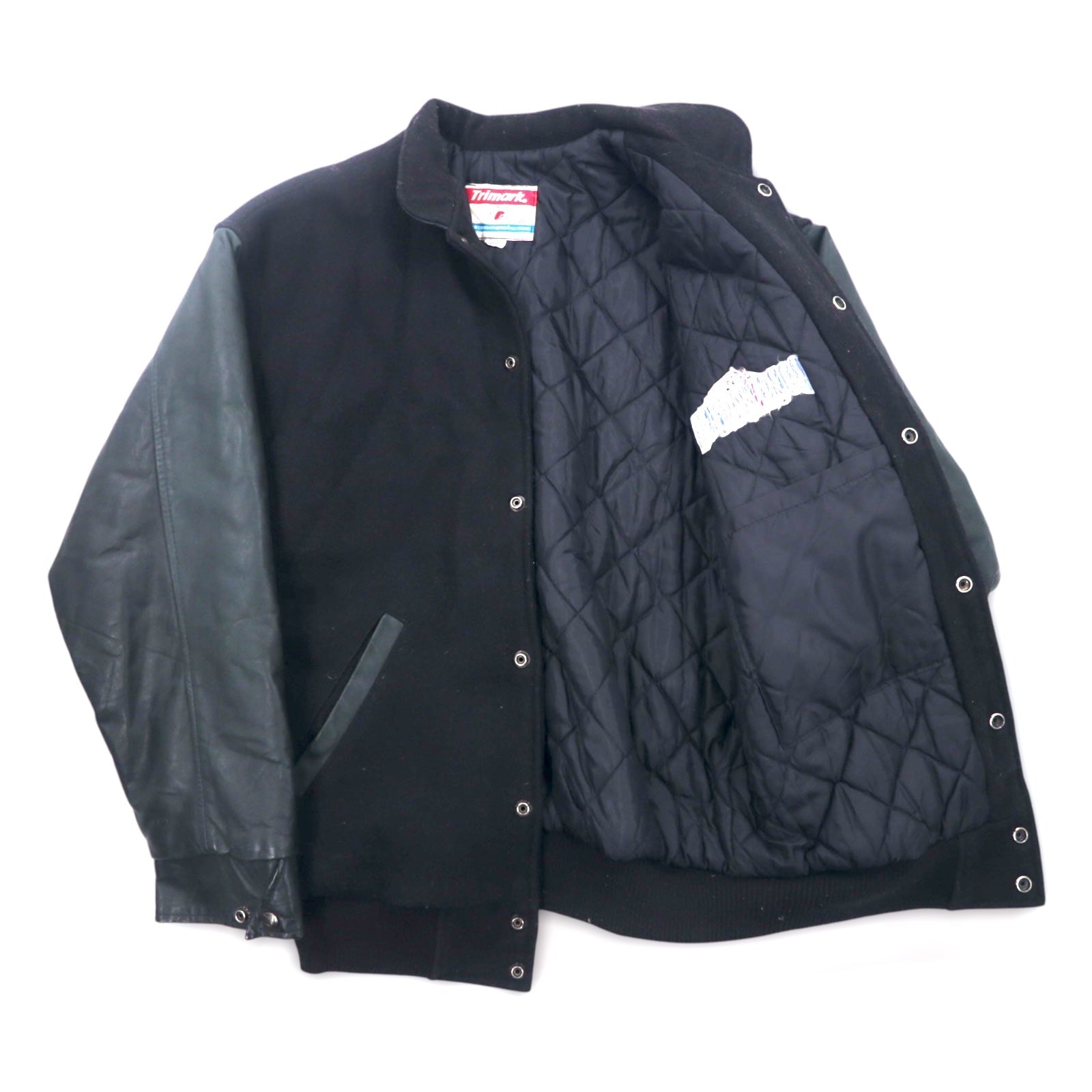 Vintage 90s Varsity Jacket Made in Canada Trimark Giacca College Pelle Nero M Lana Vera Pelle Fodera Trapuntata BORG WARNER