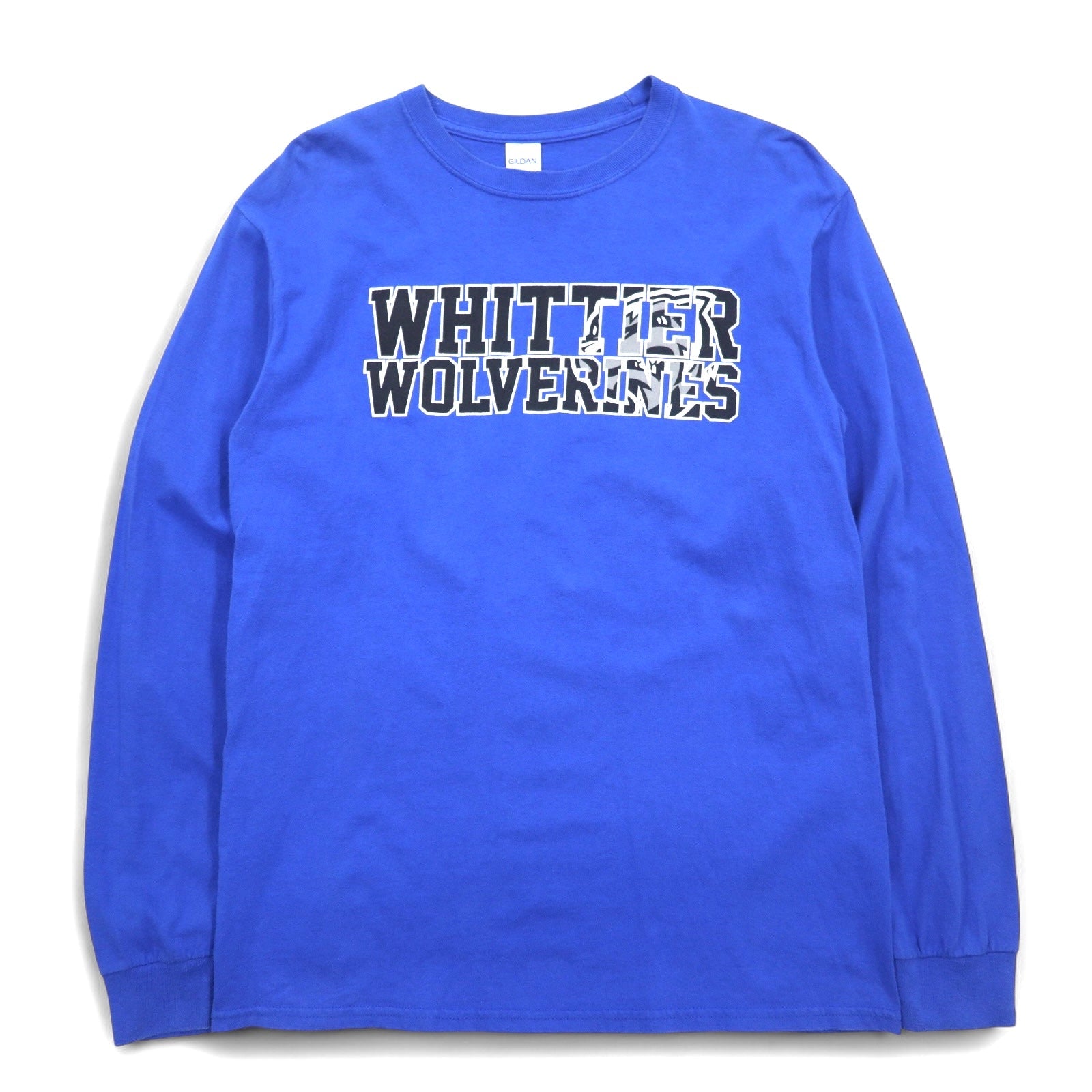 GILDAN T-shirt a maniche lunghe con stampa college, taglia M, blu, WHITTIER WOLVERINES, made in Honduras
