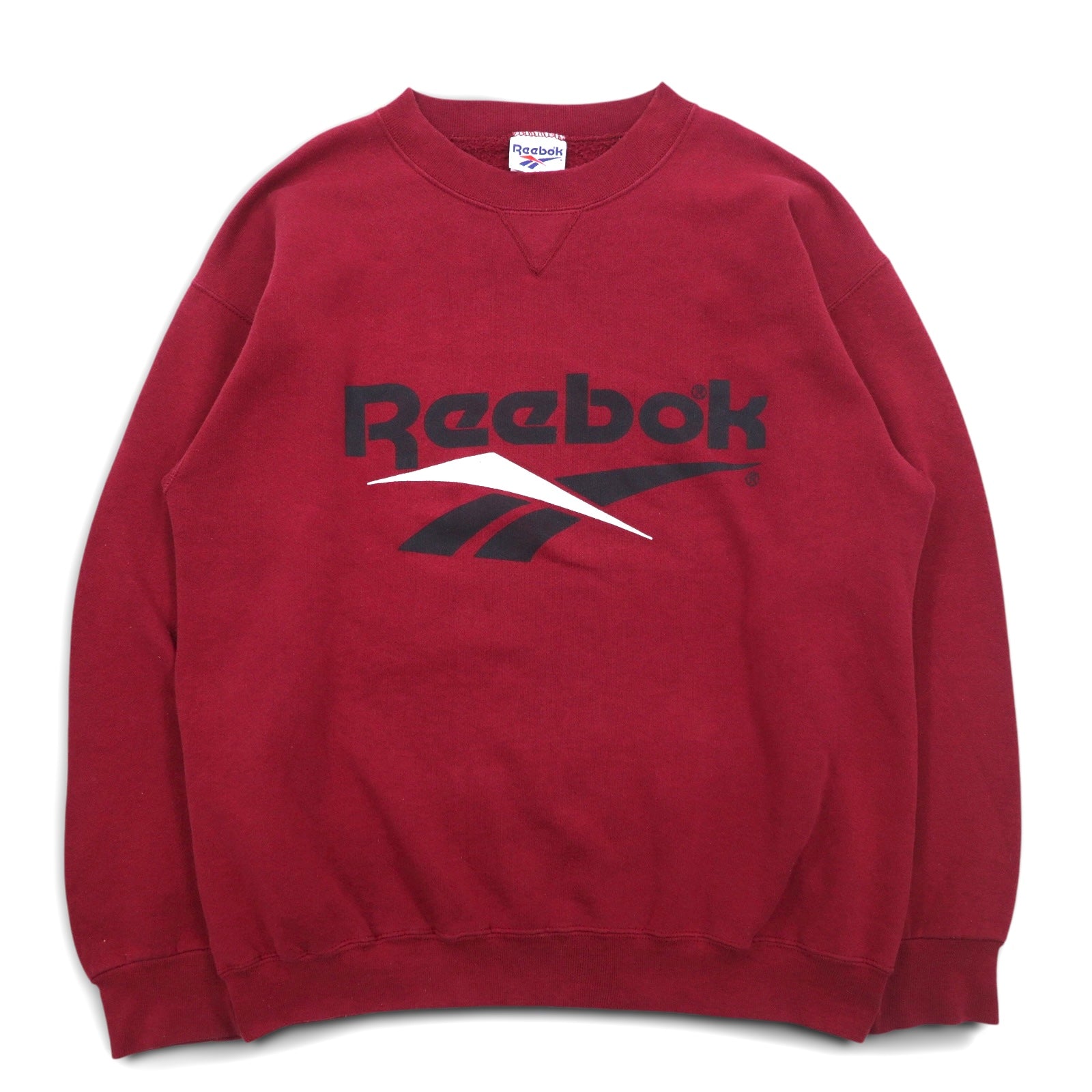 Reebok anni '90, made in USA, felpa girocollo con logo Vector a V sul davanti, taglia L, bordeaux, cotone, stampa