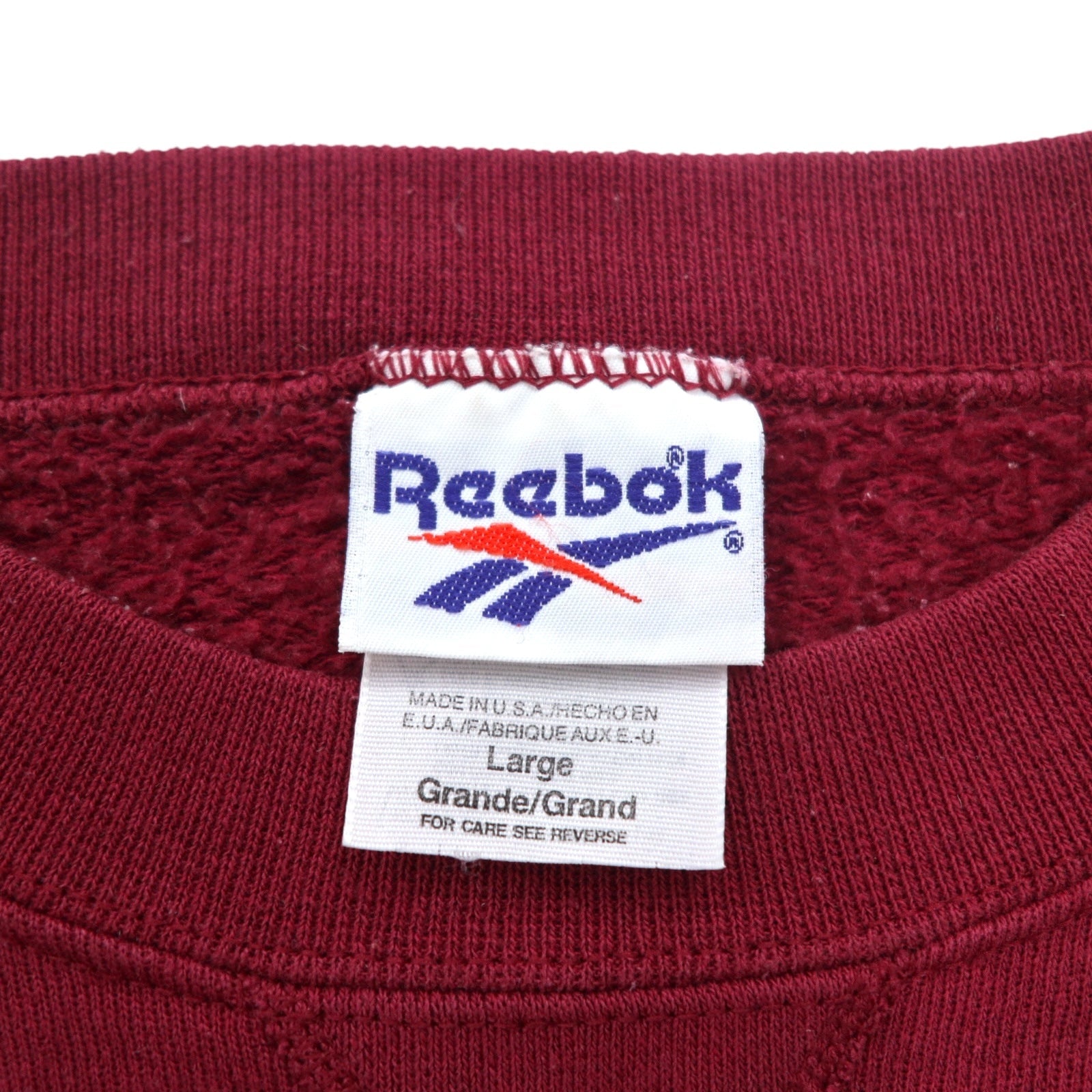 Reebok anni '90, made in USA, felpa girocollo con logo Vector a V sul davanti, taglia L, bordeaux, cotone, stampa