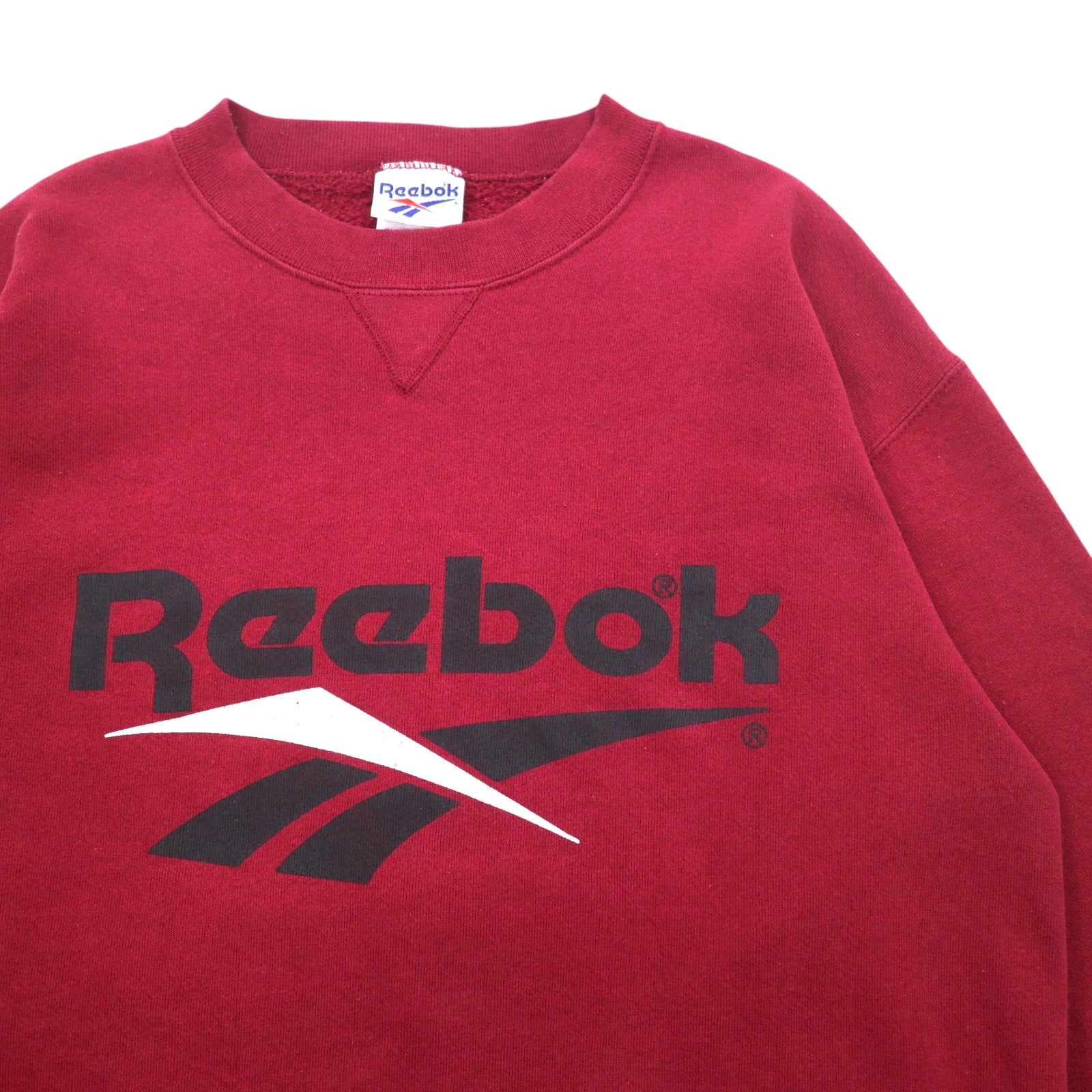Reebok anni '90, made in USA, felpa girocollo con logo Vector a V sul davanti, taglia L, bordeaux, cotone, stampa