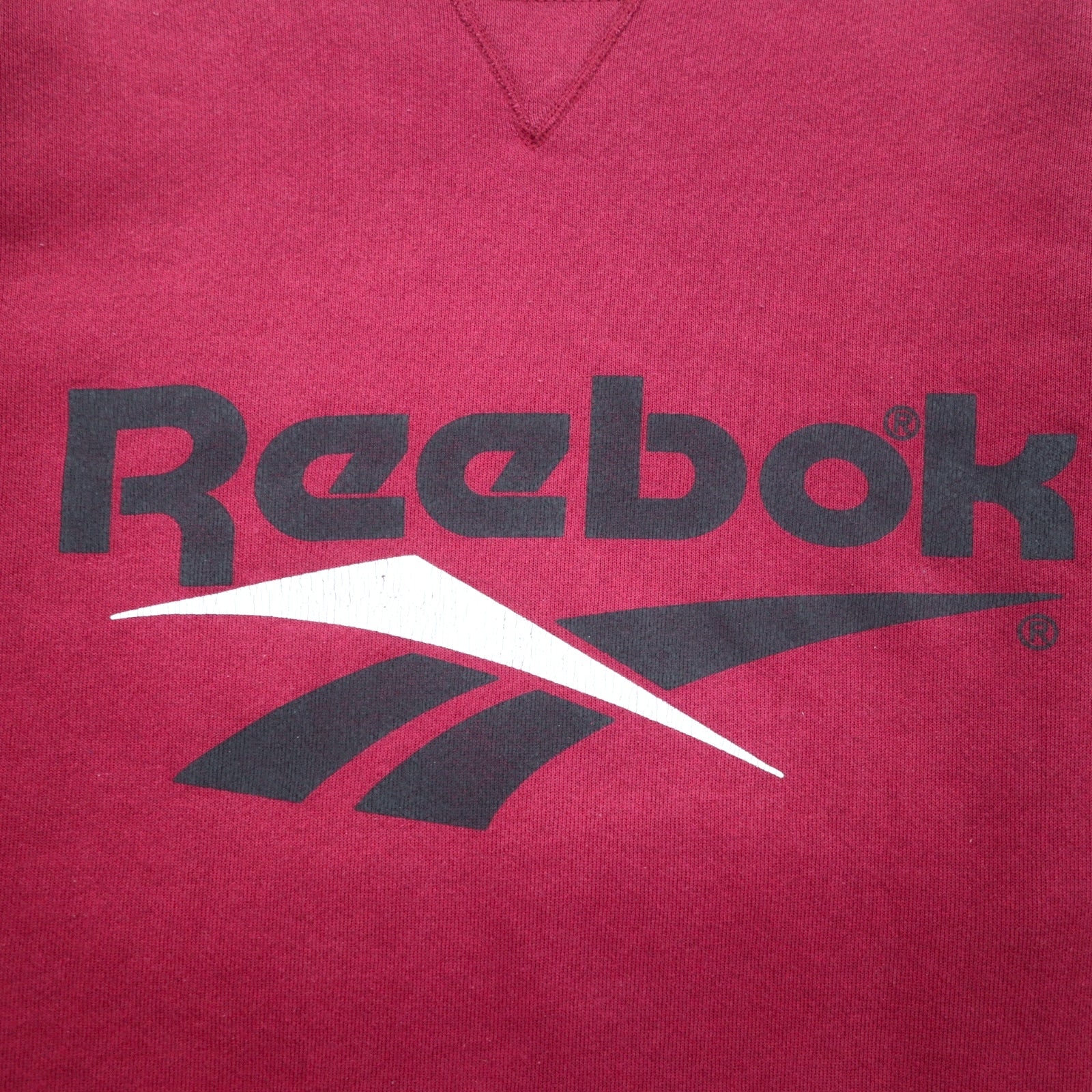 Reebok anni '90, made in USA, felpa girocollo con logo Vector a V sul davanti, taglia L, bordeaux, cotone, stampa