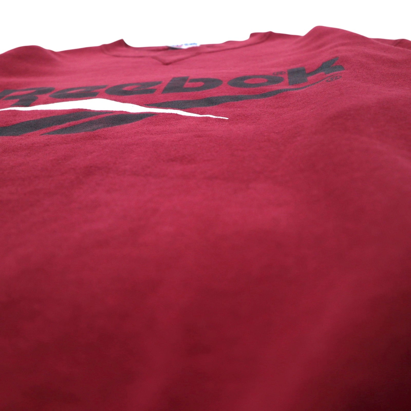Reebok anni '90, made in USA, felpa girocollo con logo Vector a V sul davanti, taglia L, bordeaux, cotone, stampa