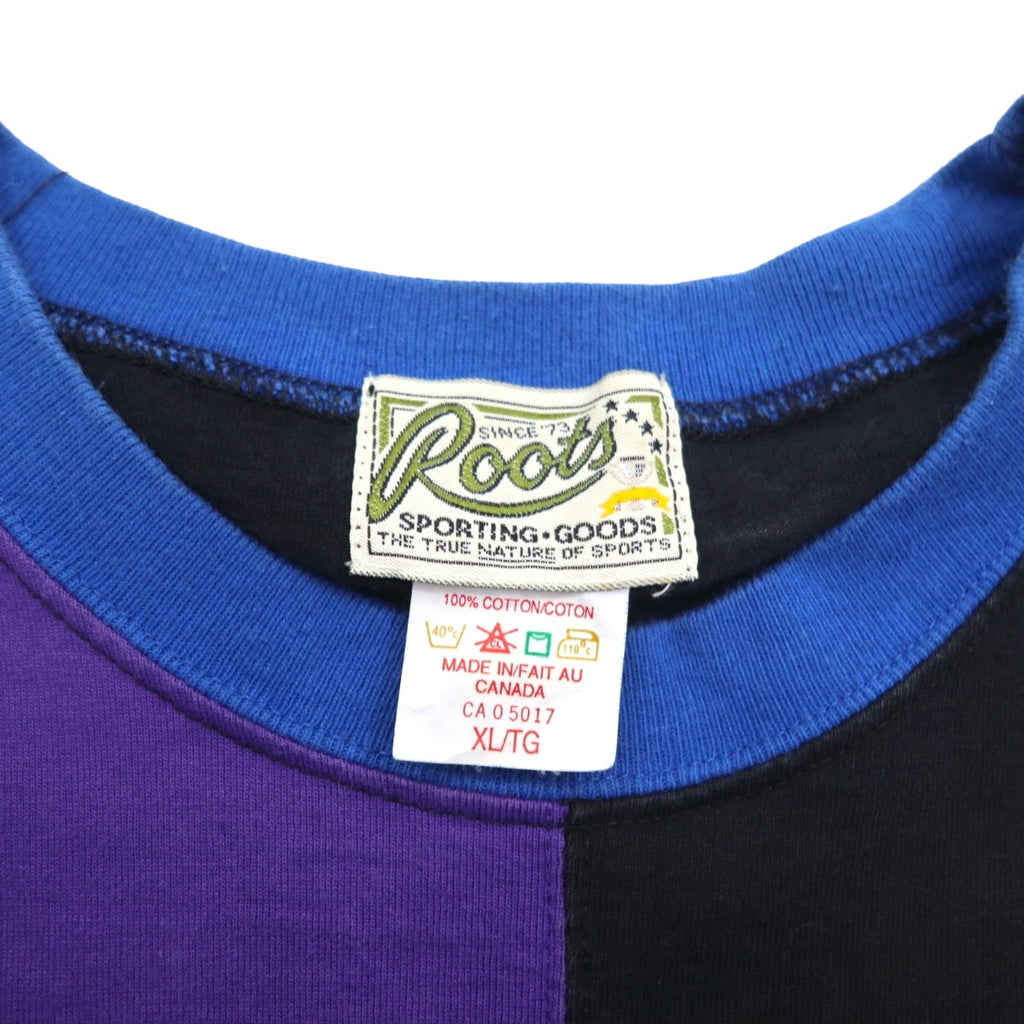 Roots SPORTING GOODS T-shirt color block anni '90, made in Canada, taglia XL, nera, ricamo a punto singolo