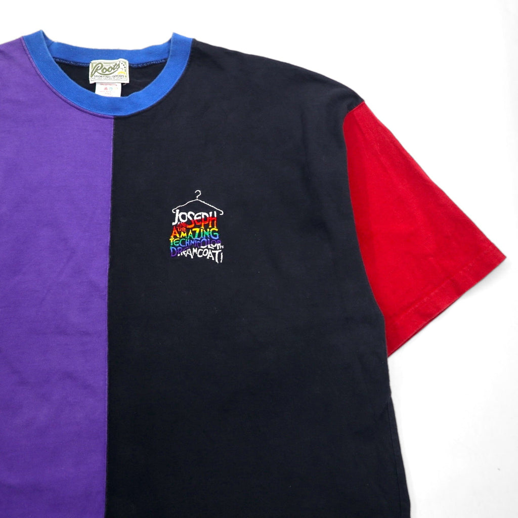 Roots SPORTING GOODS T-shirt color block anni '90, made in Canada, taglia XL, nera, ricamo a punto singolo
